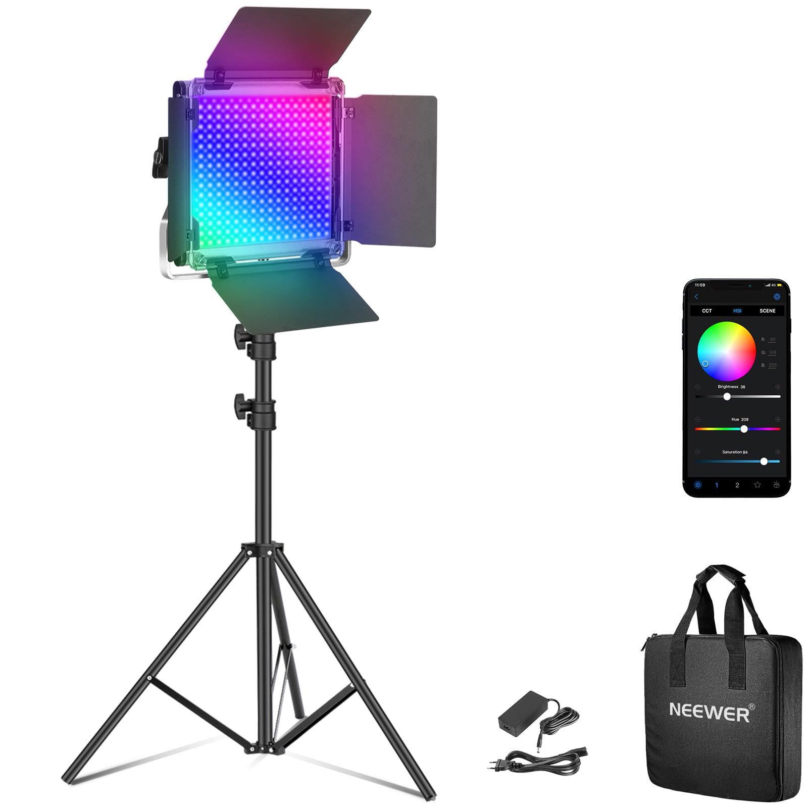 Neewer Videoleuchte RGB660 PRO II Upgraded RGB LED Studio Videolicht mit Stativ Stander, 50W, App Steuerung, dimmbares Panel Key Light für Streaming Fotografie