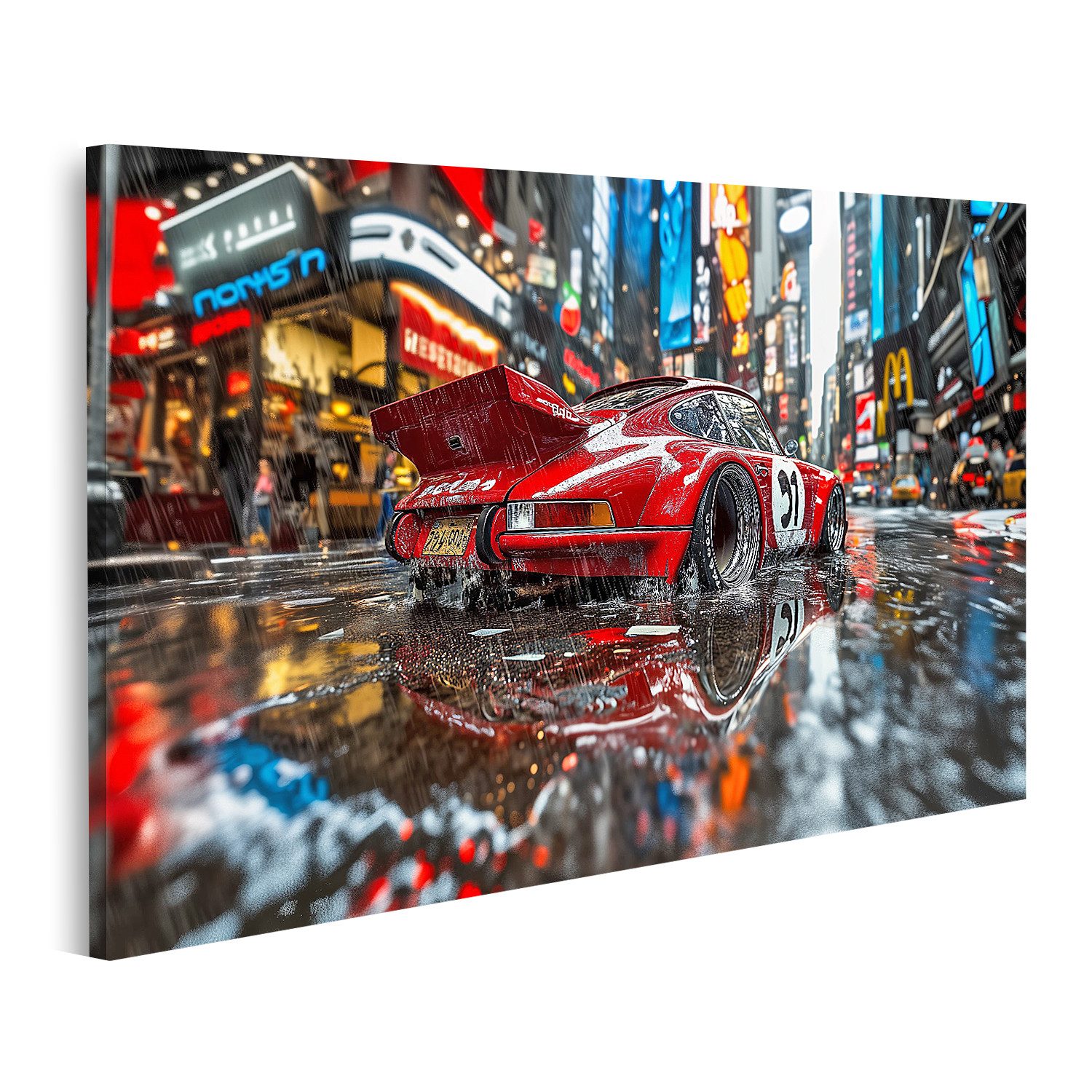 islandburner Leinwandbild, Roter Rennwagen im regnerischen Times Square ...