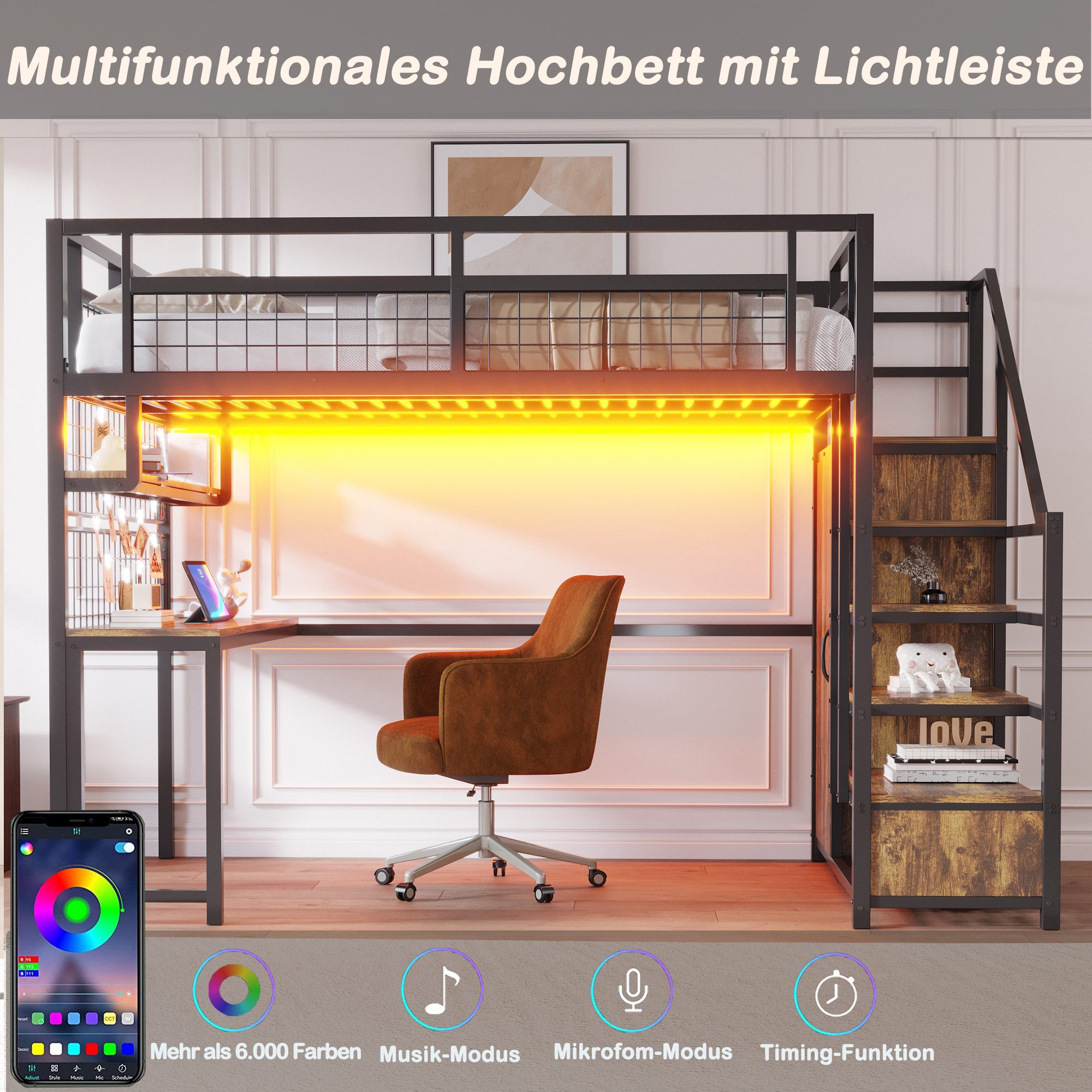 Celya Hochbett Mit Aufbewahrungsleiter und Einfachem Kleiderschrank (ohne Matratze, Mit Ablage, Tisch und Netzregal, Mit Lichtleiste Steckdose) Ideal für Jugendzimmer, Studentenwohnungen oder kleine Wohnräume