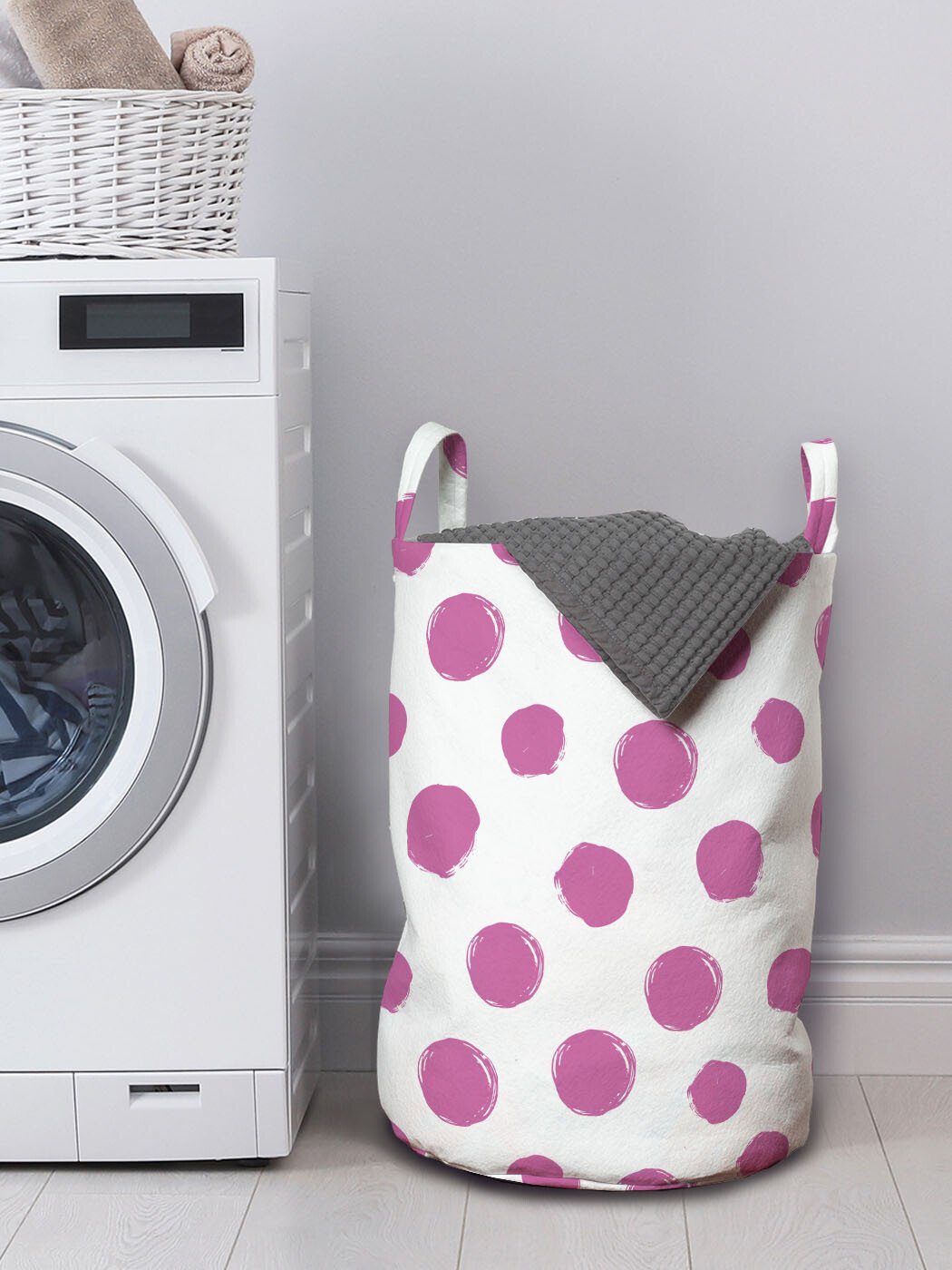 Waschsalons, Wäschesäckchen Wäschekorb Griffen Kordelzugverschluss Pinsel Tupfen Farbe Abakuhaus für mit