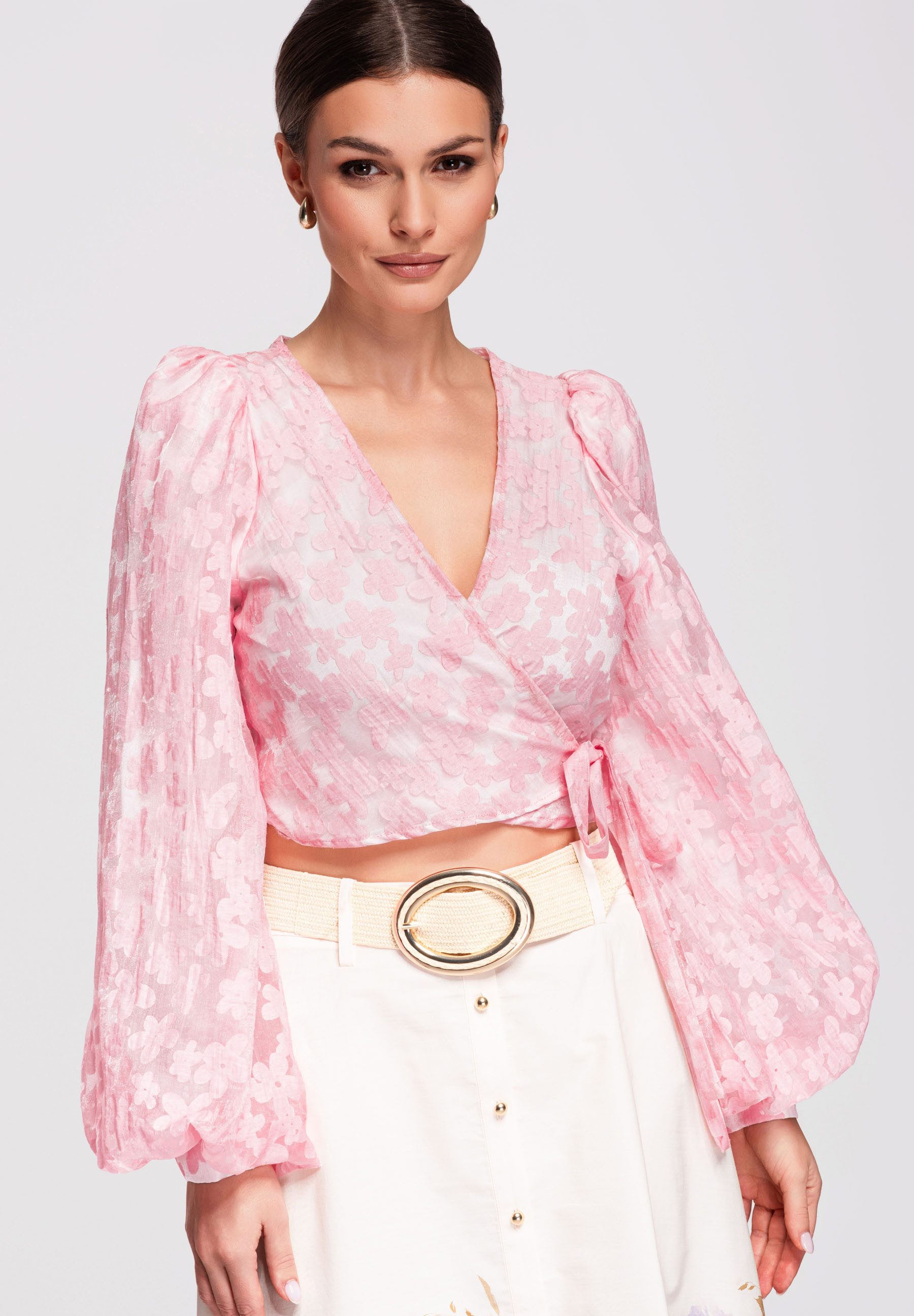 OMBRE Crop-Top Damen Bluse Wickeldesign Puffärmel Elegant Rose M (kein Set, 1-tlg) Wickeldesign, geraffte Schultern