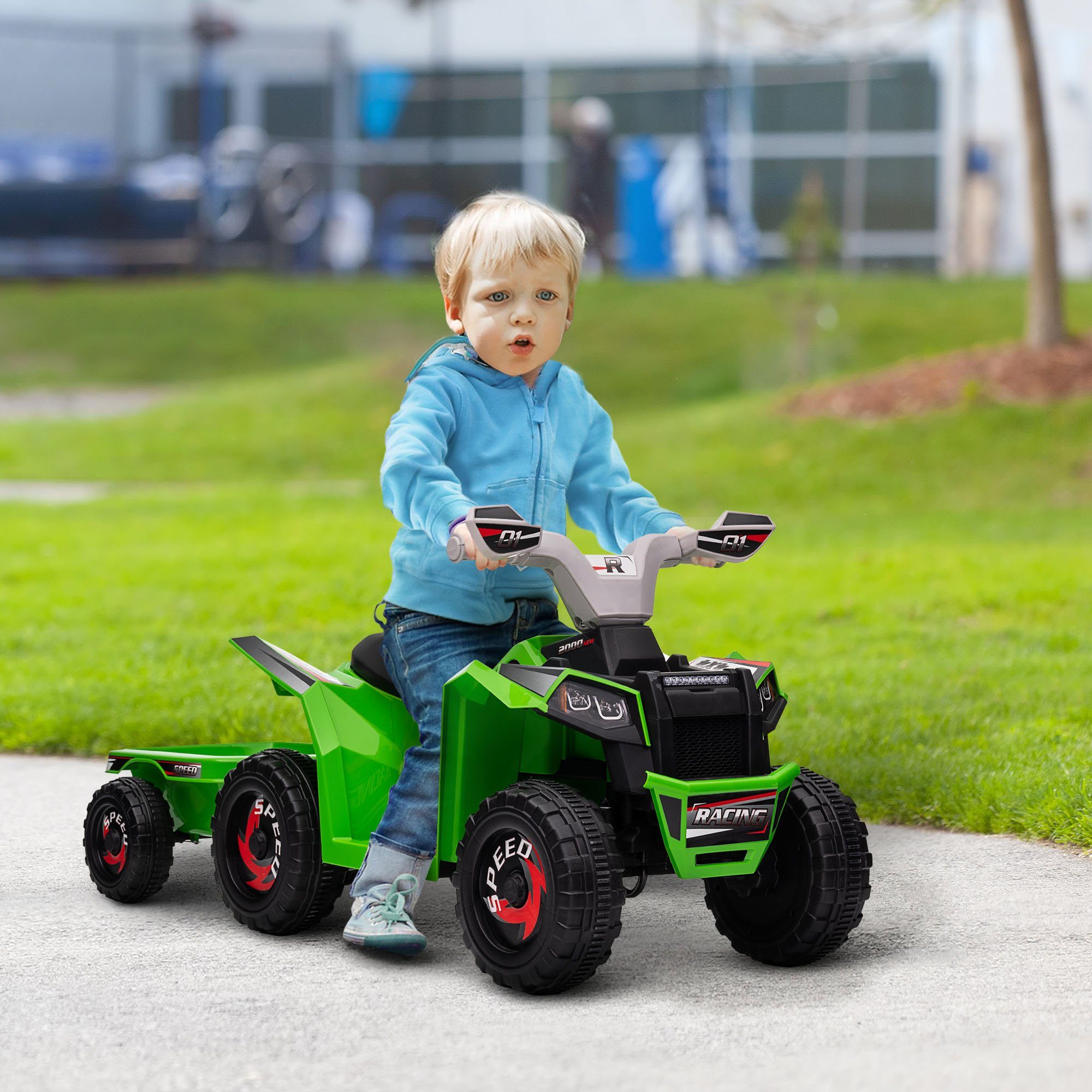 HOMCOM Elektro-Kinderquad Elektro-Quad, Kinderfahrzeug mit Anhänger, abriebfeste Räder, Grün, Belastbarkeit 25 kg, (1-tlg), Grün+Grau+Schwarz 106 x 41.5 x 48.5 cm