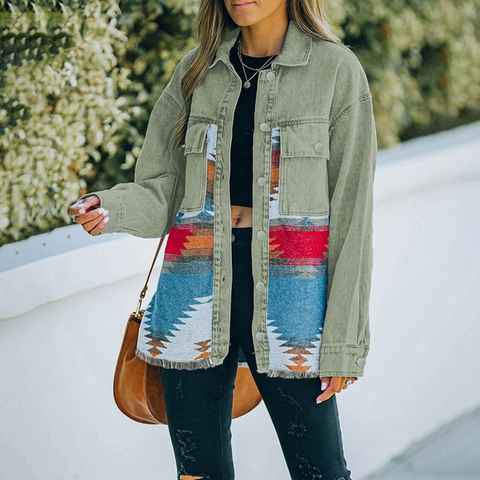 FIDDY Jeansjacke Damen-Jeans-Patchwork-Jacke – Retro-Mantel für Damen – Jeansjacke