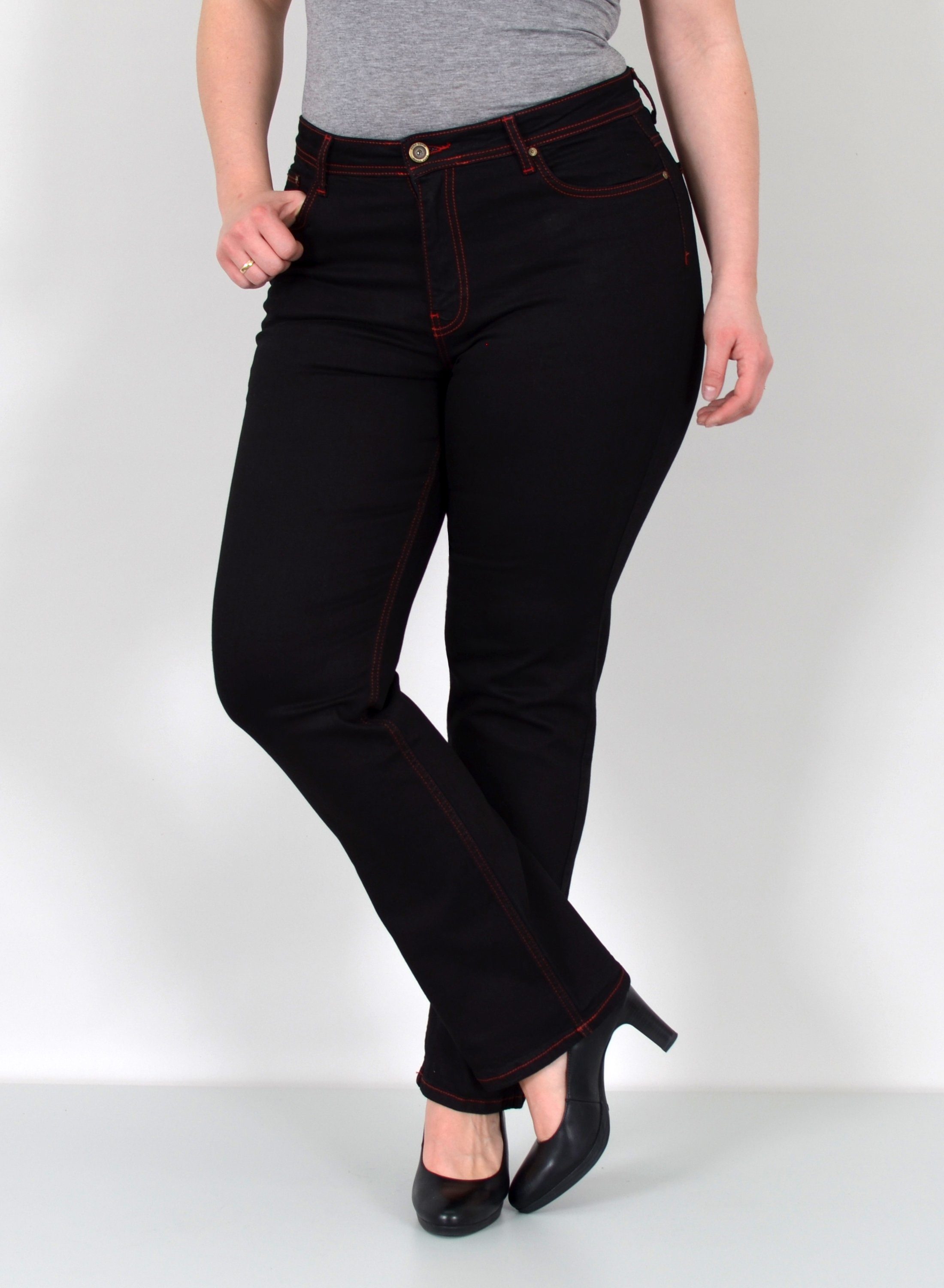 ESRA Straight-Jeans Damen Jeanshose Gerader Schnitt Stretch Hose hoher Bund bis Plus Size Straight Jeans Damen High Waist Hose Stretch Jeans Regular Übergröße