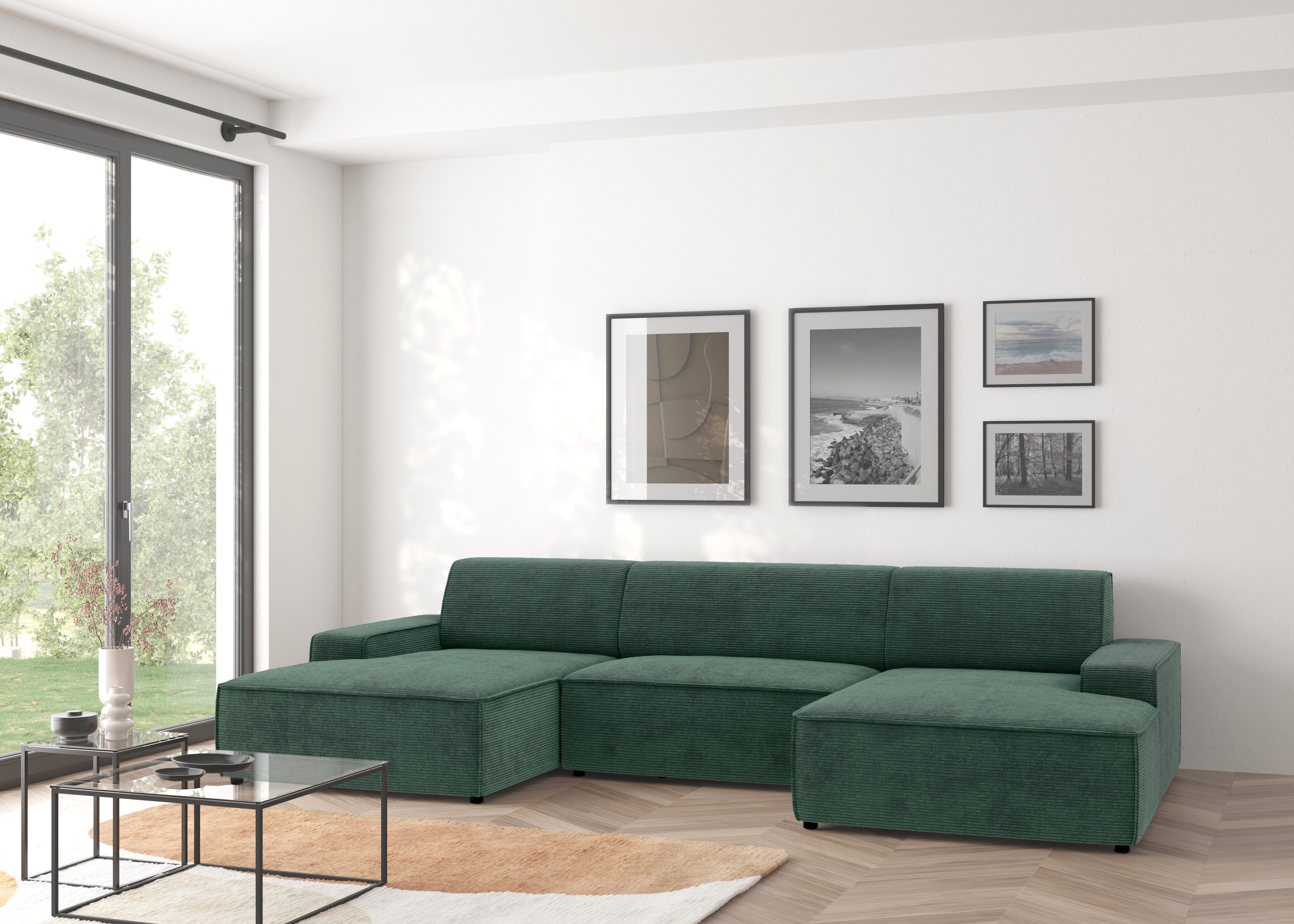 TRENDMANUFAKTUR Wohnlandschaft Graz, wahlweise mit Sitzvorschub und Bettkasten, U-Form, Breite 329 cm, in Cord-, haustierfreundlichem LEO Struktur- oder LUMOS-3D-Bezug