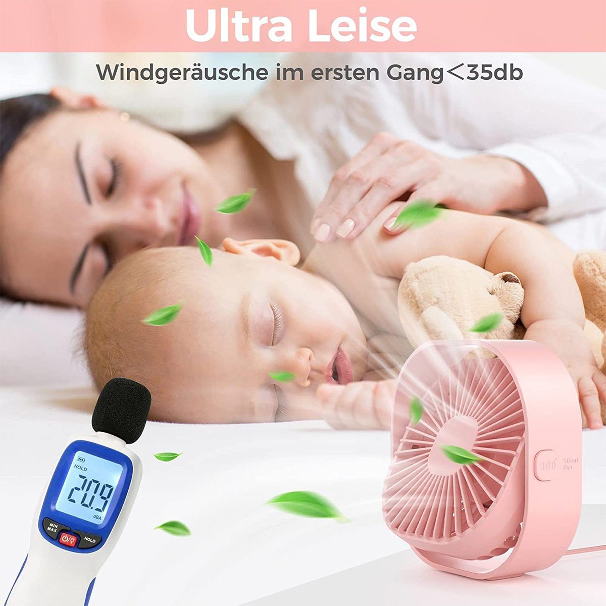 USB Mini 360° Lüfter Rosa starkem USB Fan Speed, Tragbarer 3 Mini USB-Ventilator autolock Drehung Tischventilator Leise USB Ventilator Luftstrom,Desk