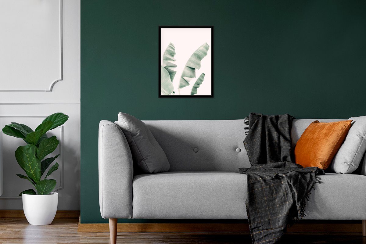 (1 Kunstdruck, Schwarzem Gerahmtes Grün Weiß, Poster Poster, Bilderrahmen - - Natur Pflanze mit - St), Rahmen, MuchoWow
