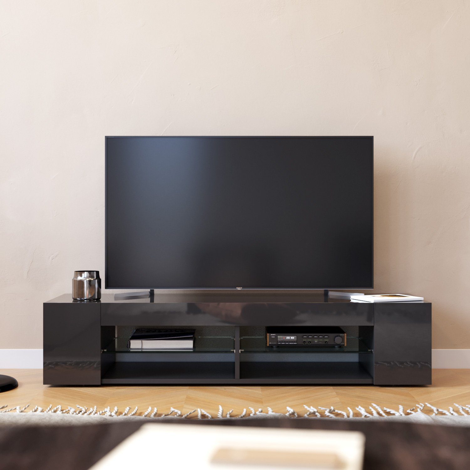 SONNI Lowboard TV-Schränke Breite 135cm weiß/schwarz Hochglanz mit LED Beleuchtung, sideboards