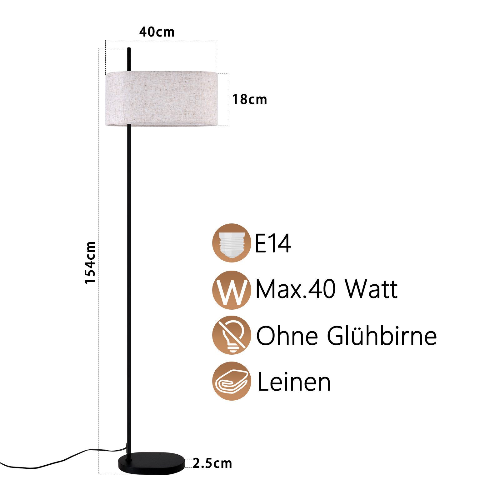 Nettlife Stehlampe Wohnzimmer Vintage Stoffschirm Weiß E27 1/3 Flammig Fußschalter, Fußschalter, ohne Leuchtmittel, mit Regal Standlampe Schlafzimmer Retro für Sofa Landhaus Küche