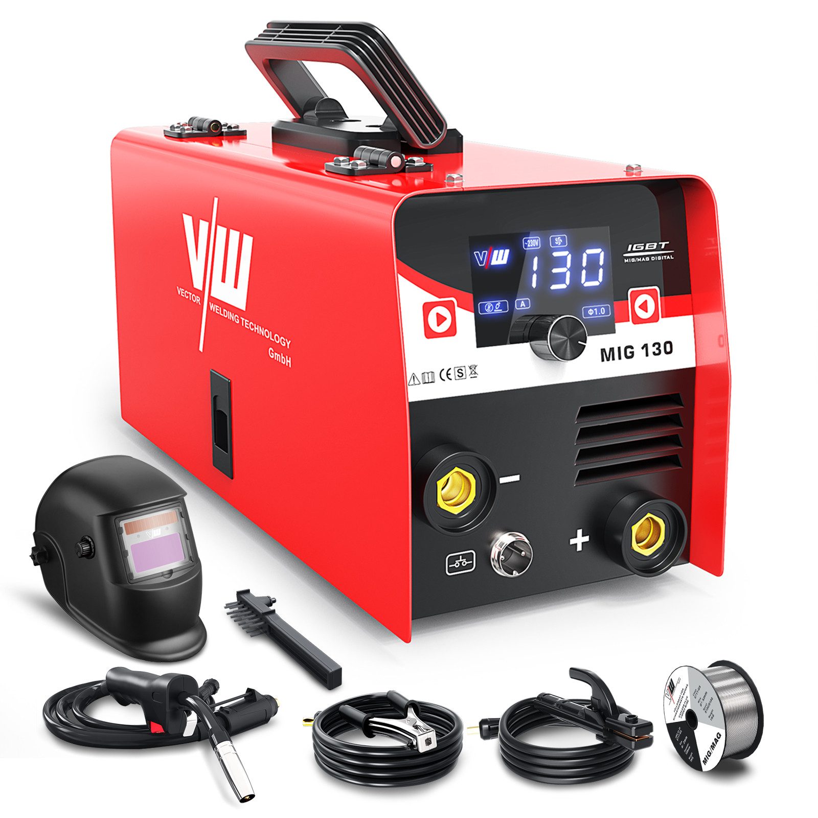 VECTOR WELDING Fülldrahtschweißgerät MIG 130 mit Helm, Drahtrolle & Hammerbürste