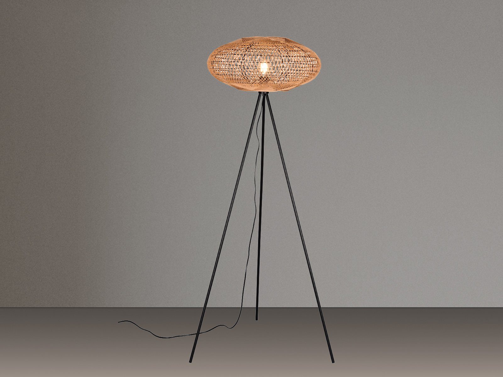 TRIO Leuchten LED Stehlampe, Dimmfunktion, LED wechselbar, warmweiß, ausgefallene moderne Tripod Korblampe dimmbar Dreibein Boho Höhe 150cm