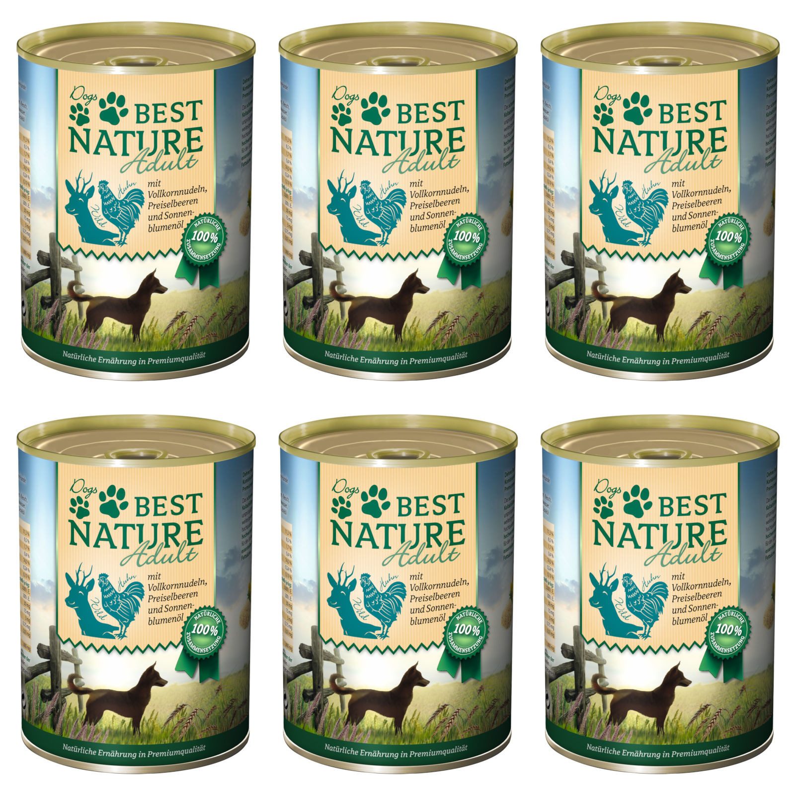 Best Nature Adult, Nassfutter für Hunde, 6x 400g, mit Wild, Huhn und Nudeln, Alleinfuttermittel für: Hund