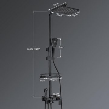 hevenaov Duschsystem mit Armatur Thermostat Duschset Schwarz, Höhe 120 cm, 3 Strahlart(en), Edelstahl Multifunktionale Duschsysteme Höhenverstellbares Set80-120cm