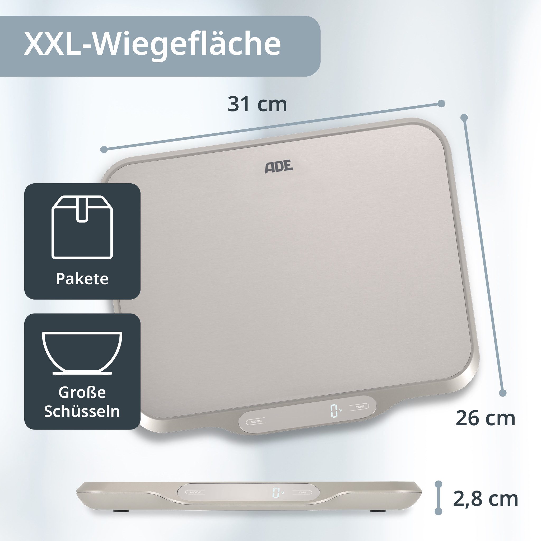ADE Küchenwaage Waage mit großer XXL-Wiegefläche aus Edelstahl, für präzises Wiegen bis 15kg, mit Zuwiegefunktion (Tara) und Auto-Hold