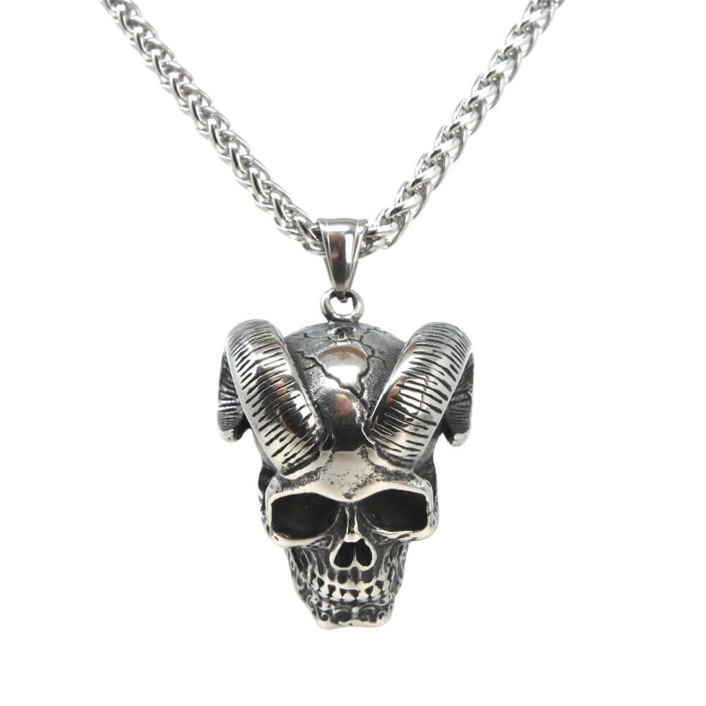 Kette mit Anhänger Lederkette Edelstahlkette 316L HÖRNER SKULL