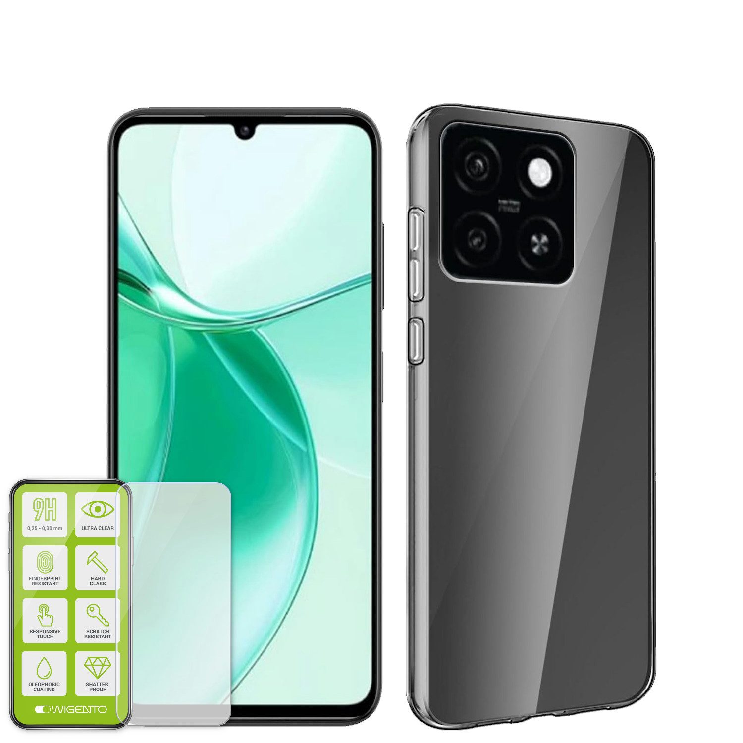 Wigento Handyhülle Für ZTE Blade A55 Silikon TPU Schutz Hülle Transparent + H9 Hart Glas, Produktset TPU Hülle mit Hart Glas