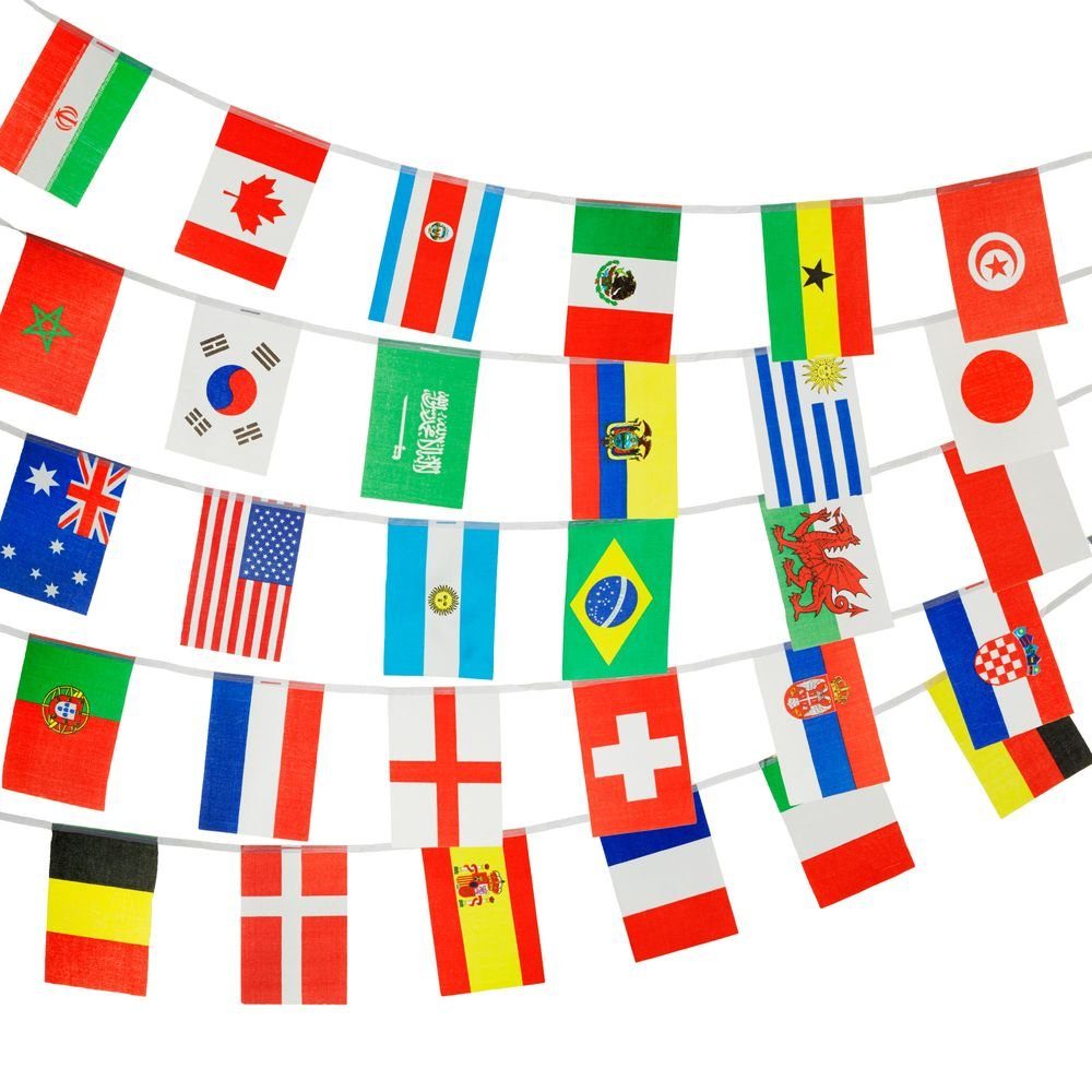 PHENO FLAGS Flagge Flaggenkette 10 Meter Girlande Fahnenkette Wimpelkette Deko, stabile Schnur