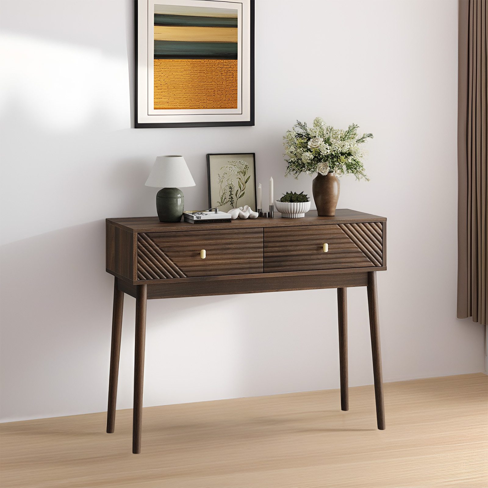 MODFU Schreibtisch mit Schubladen (Walnuss Konsolentisch im Mid-Century Mod günstig online kaufen