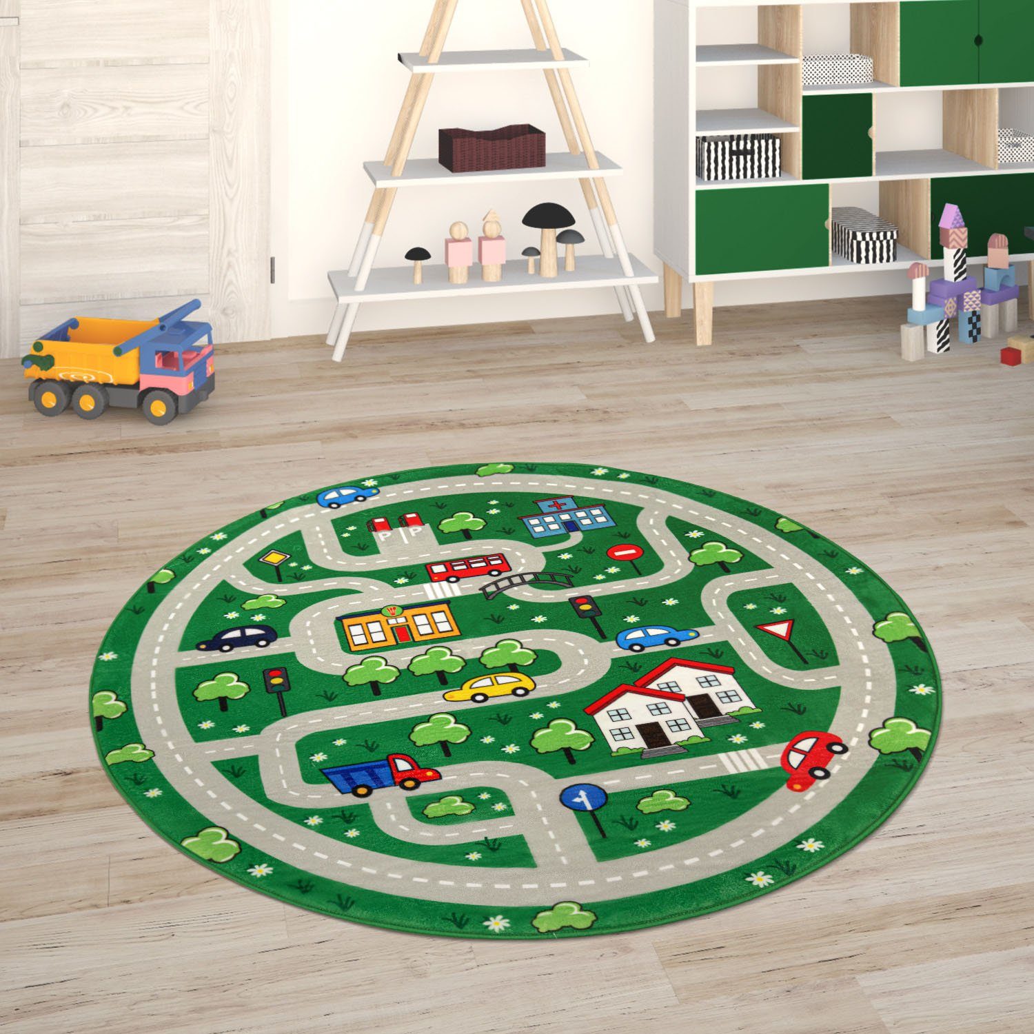 Paco Home Kinderteppich Chicos 559, rund, Höhe: 2 mm, Flachgewebe, Straßen-Spiel-Teppich, Kinderzimmer