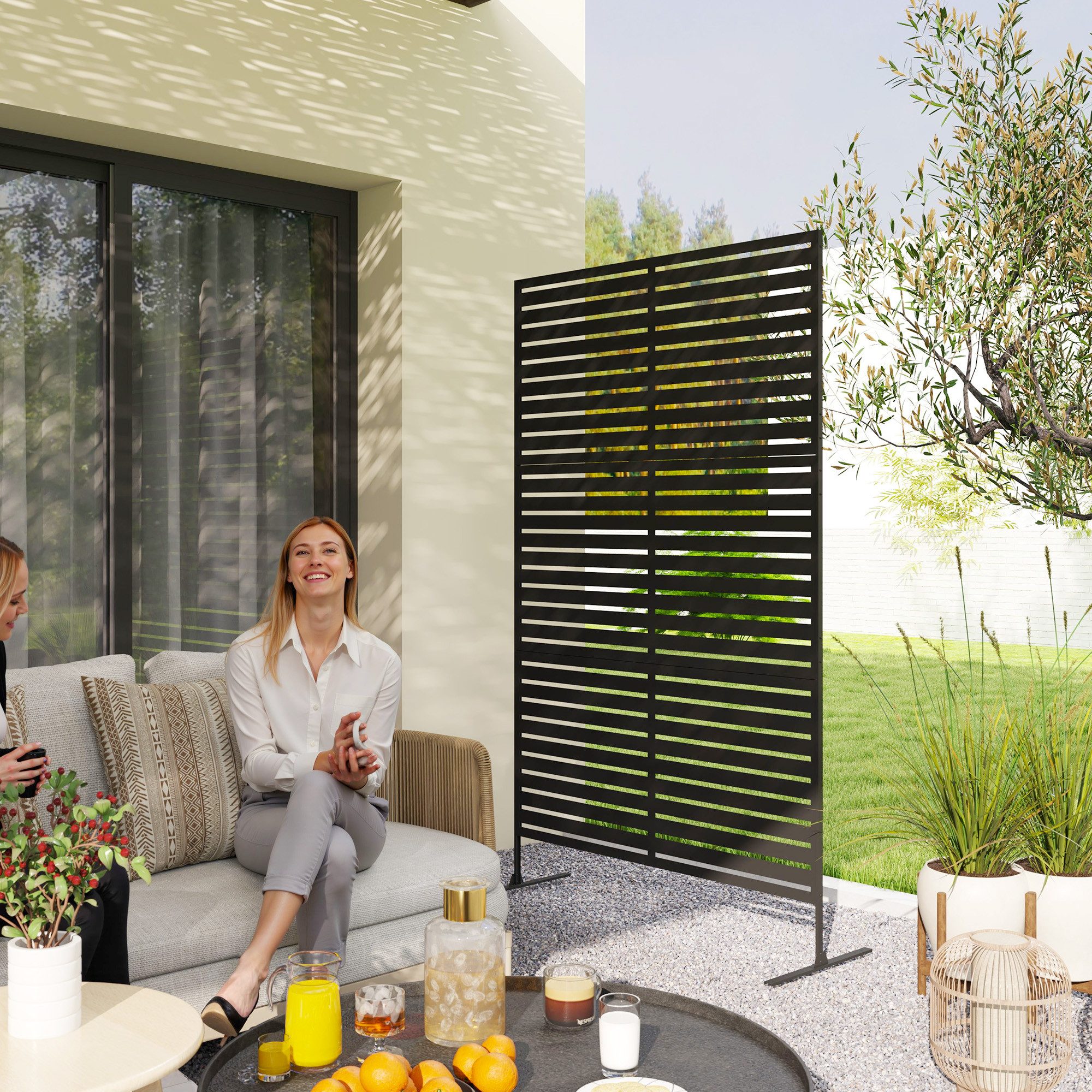 Outsunny Paravent Sichtschutz Freistehend in Lamellen, Outdoor Raumtrenner (Raumteiler, 3 St., Trennwand), aus Stahl, für Garten, Balkon, Terrasse, Schwarz