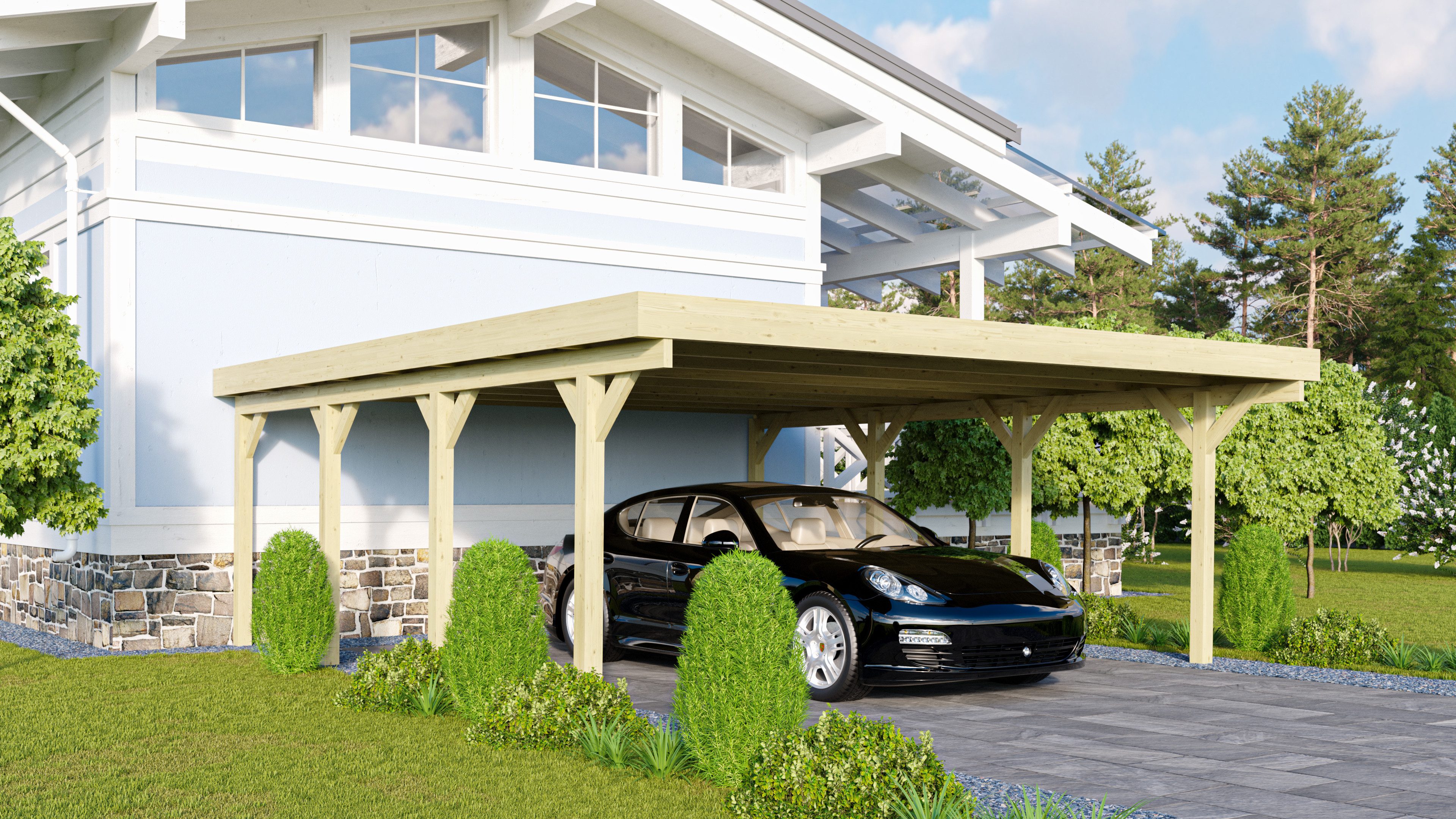 Karibu Doppelcarport »Classic 2 SET« Stahl-Dach Variante A, kesseldruckimprägniert, BxT: 563x586 cm, 206 cm Einfahrtshöhe, (Set), aus Masivholz