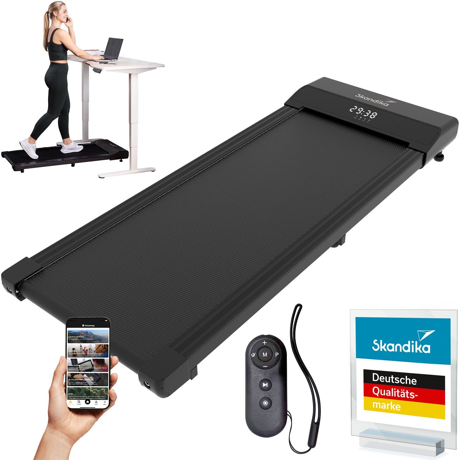 Skandika Laufband für Zuhause, Walking Pad Nordik, 6/12km/h, mit/ohne Steigung, Kinomap, LED-Display, Fernbedienung, Fitnessgerät für Ausdauertraining, Büro