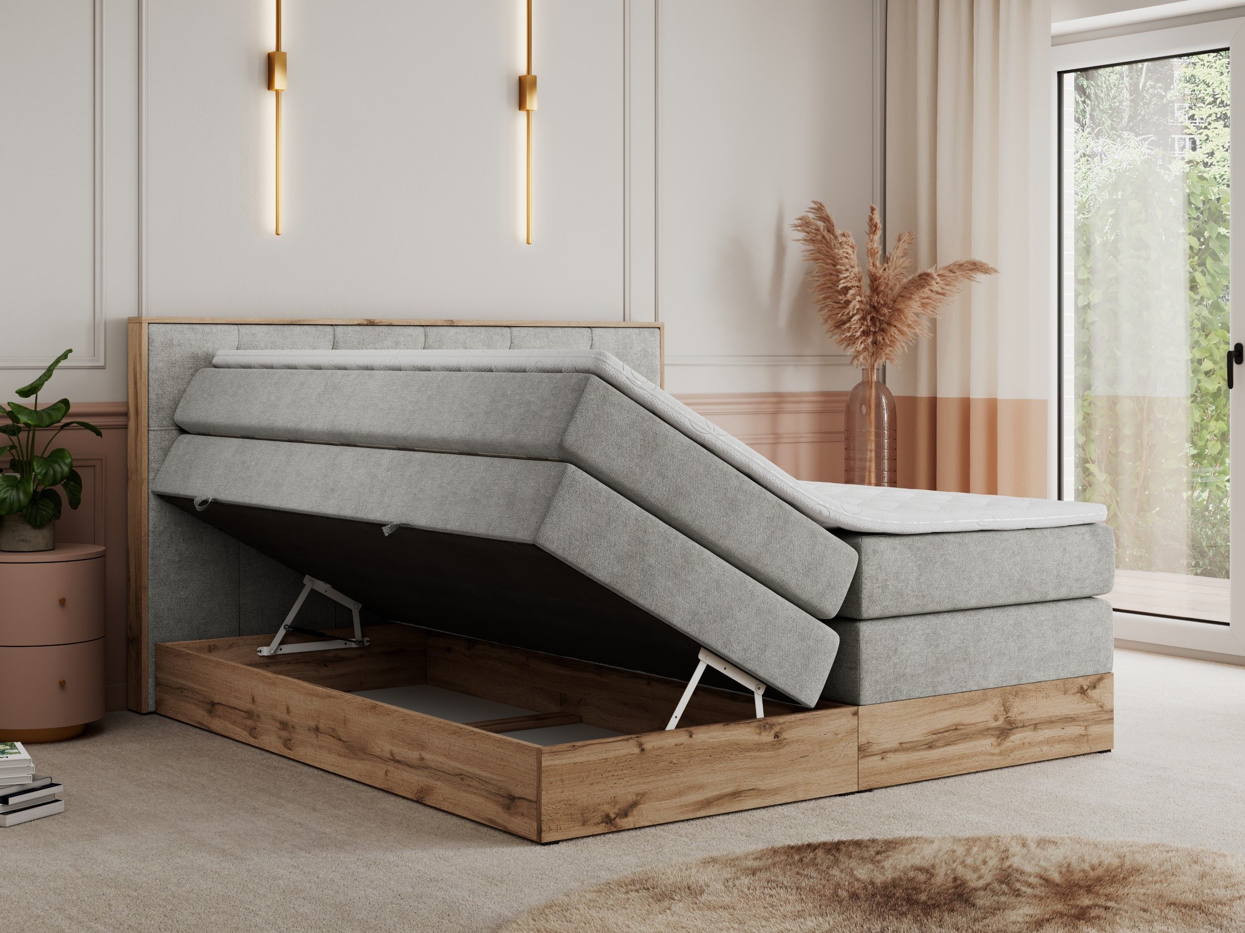 MKS MÖBEL Boxspringbett VENETO KING (Doppelbett, Multipocket-Matratzen, Topper T25/Visco, T30-Schaum), zwei Bettkästen und Rahmen in Eichen-Optik, Schlafzimmer, Polsterbett