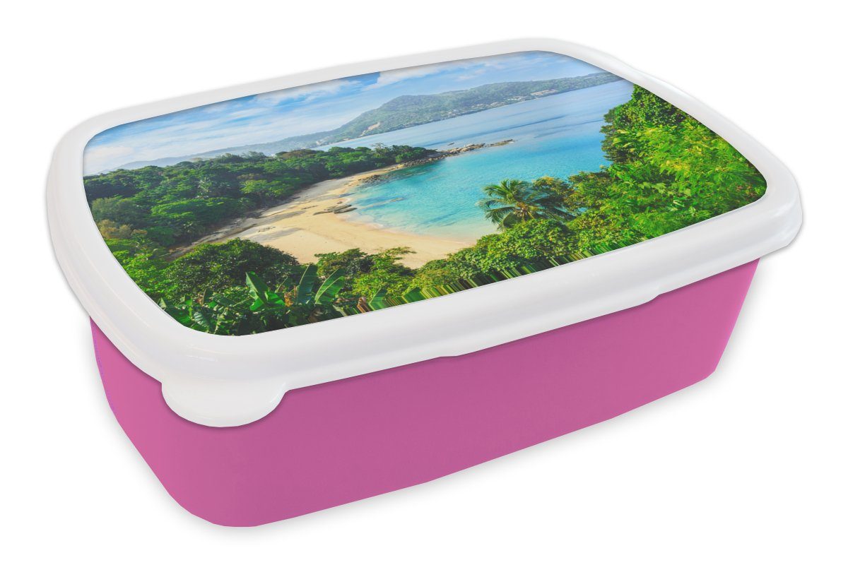 MuchoWow Lunchbox Strand - Meer - Insel - Baum, Kunststoff, (2-tlg), Brotbox für Erwachsene, Brotdose Kinder, Snackbox, Mädchen, Kunststoff rosa