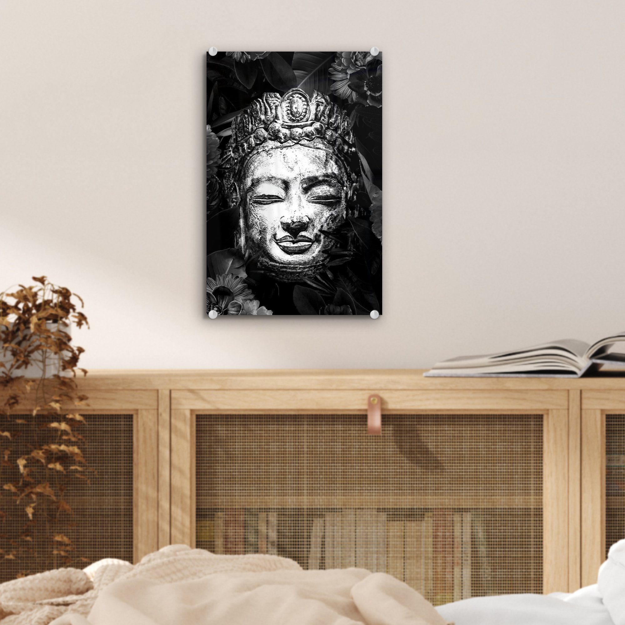 mit und Glasbilder Kopf (1 - Rauher - Blättern Wanddekoration bunt Blumen eines Buddhas auf schwarz Acrylglasbild - Bilder und MuchoWow Wandbild St), - weiß, Glas auf Glas Foto