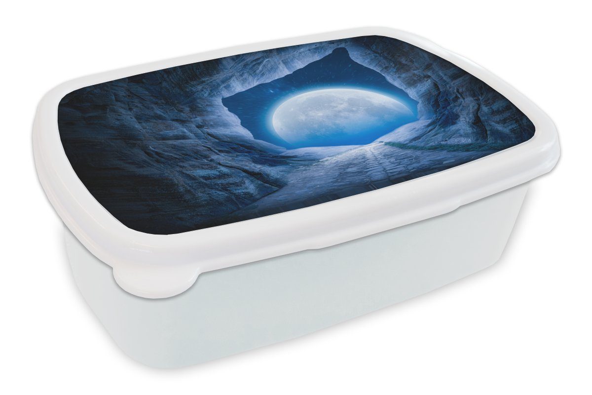 MuchoWow Lunchbox Höhle - Mond - Weltraum - Universum - Blau, Kunststoff, (2-tlg), Brotbox für Kinder und Erwachsene, Brotdose, für Jungs und Mädchen weiß