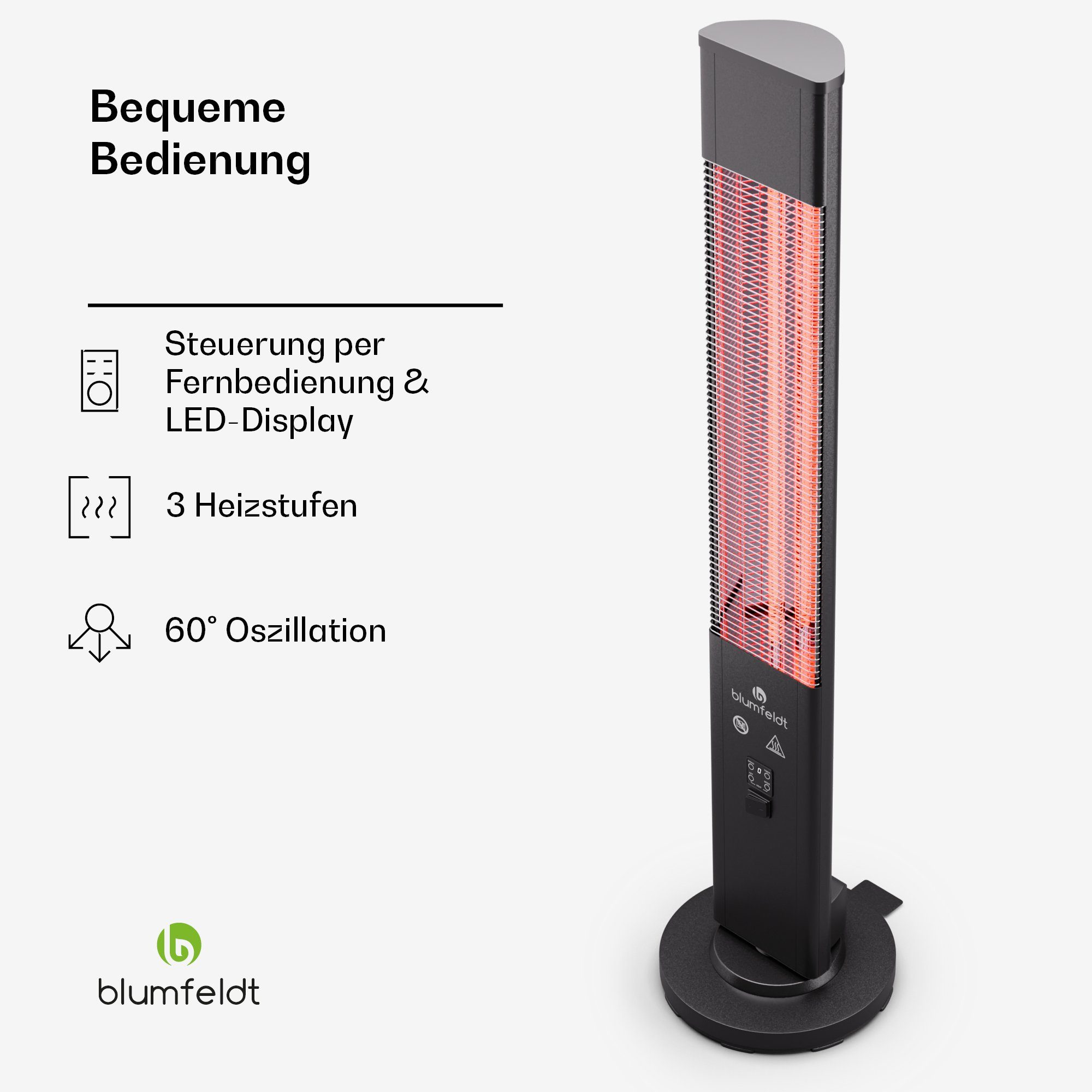 blumfeldt Terrassenstrahler Heat Guru Plus, 3000 Heizung Heizstrahler Elektrische Indoor Outdoor Schwarz W, LED