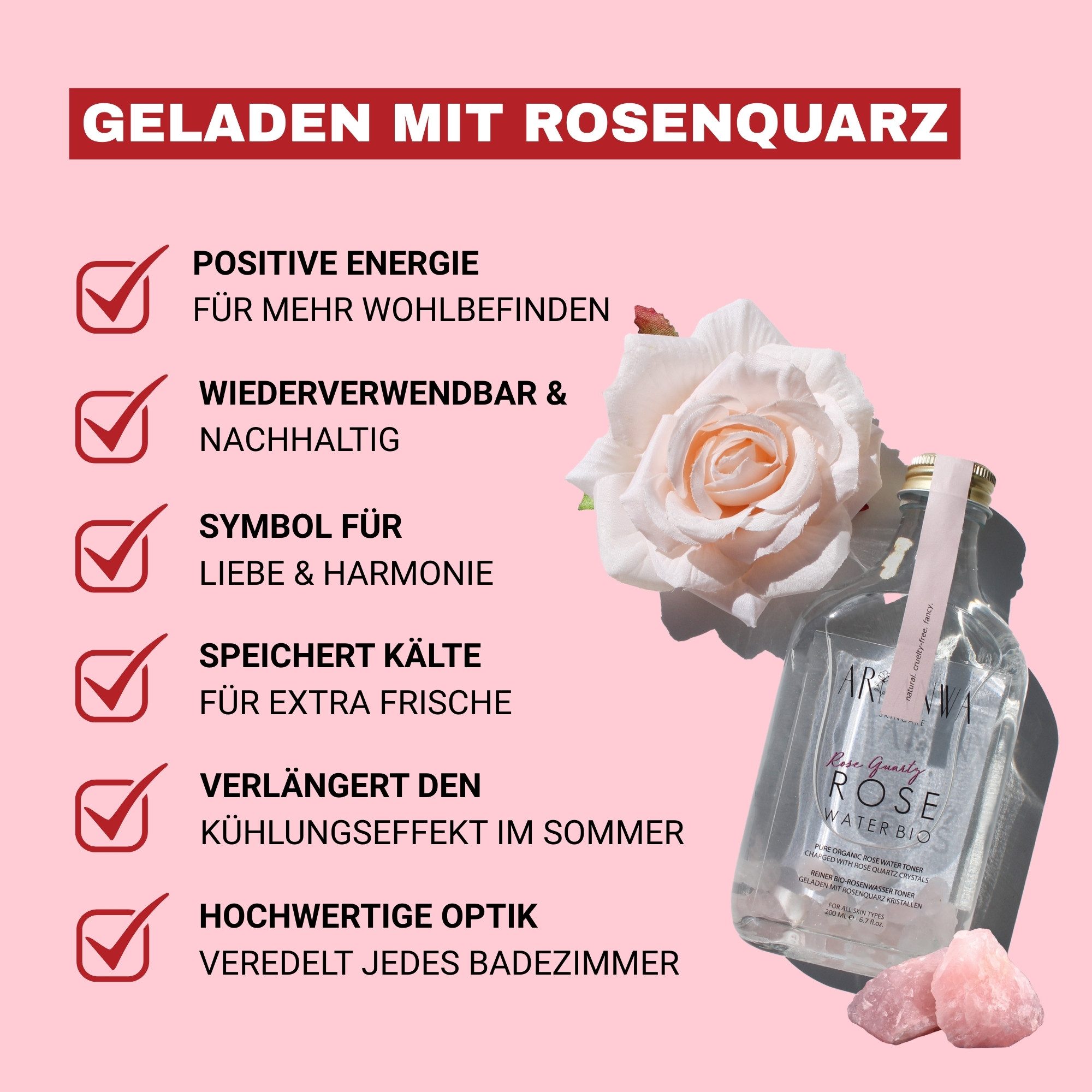 ARI ANWA Skincare Gesichtswasser Bio Rosenwasser Rosenquarz, Natürliches Gesichtswasser