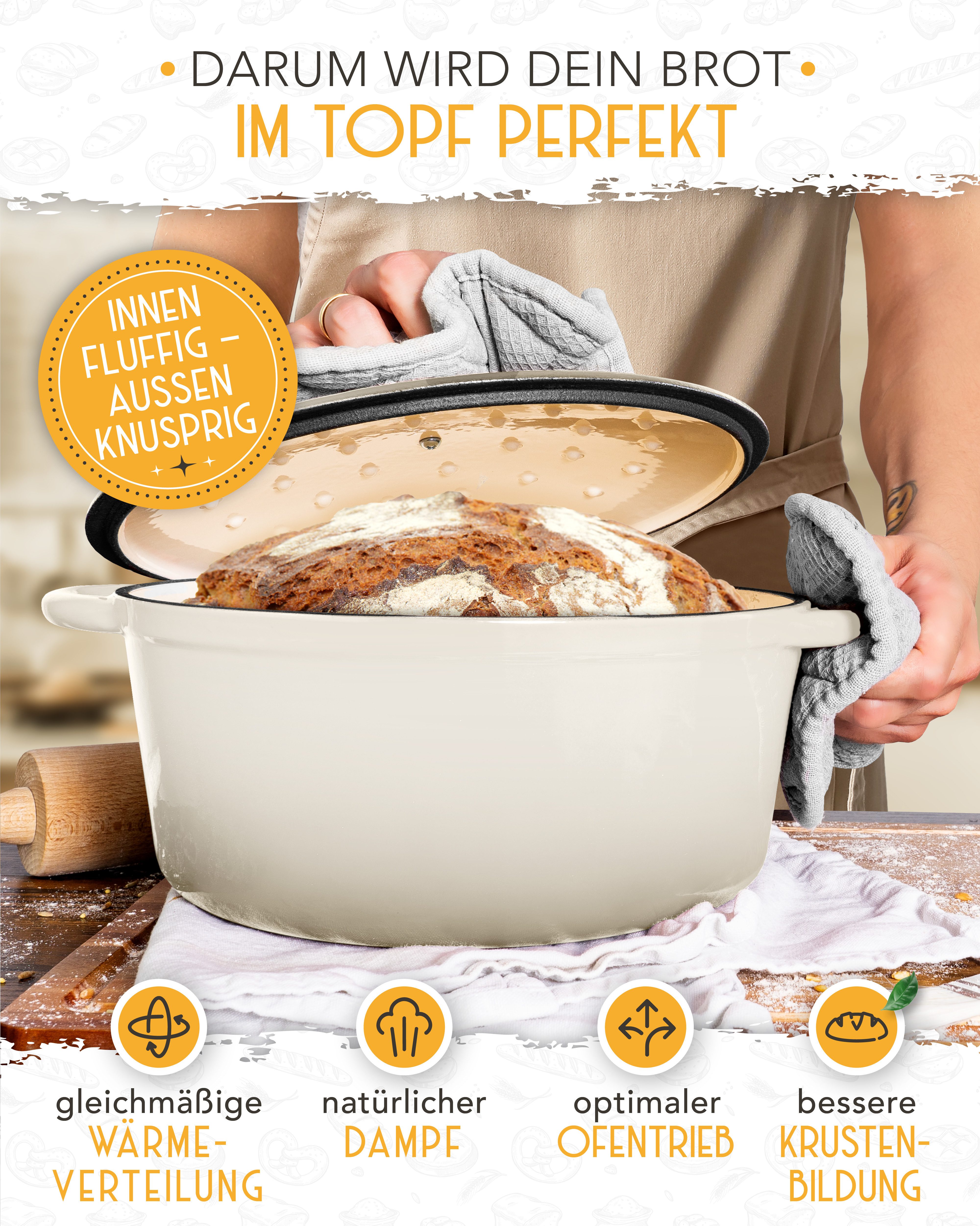 Krustenzauber Kasserolle Gusseisen Topf als Kochtopf, Schmortopf oder Brotbackform – Bild 5 von 5