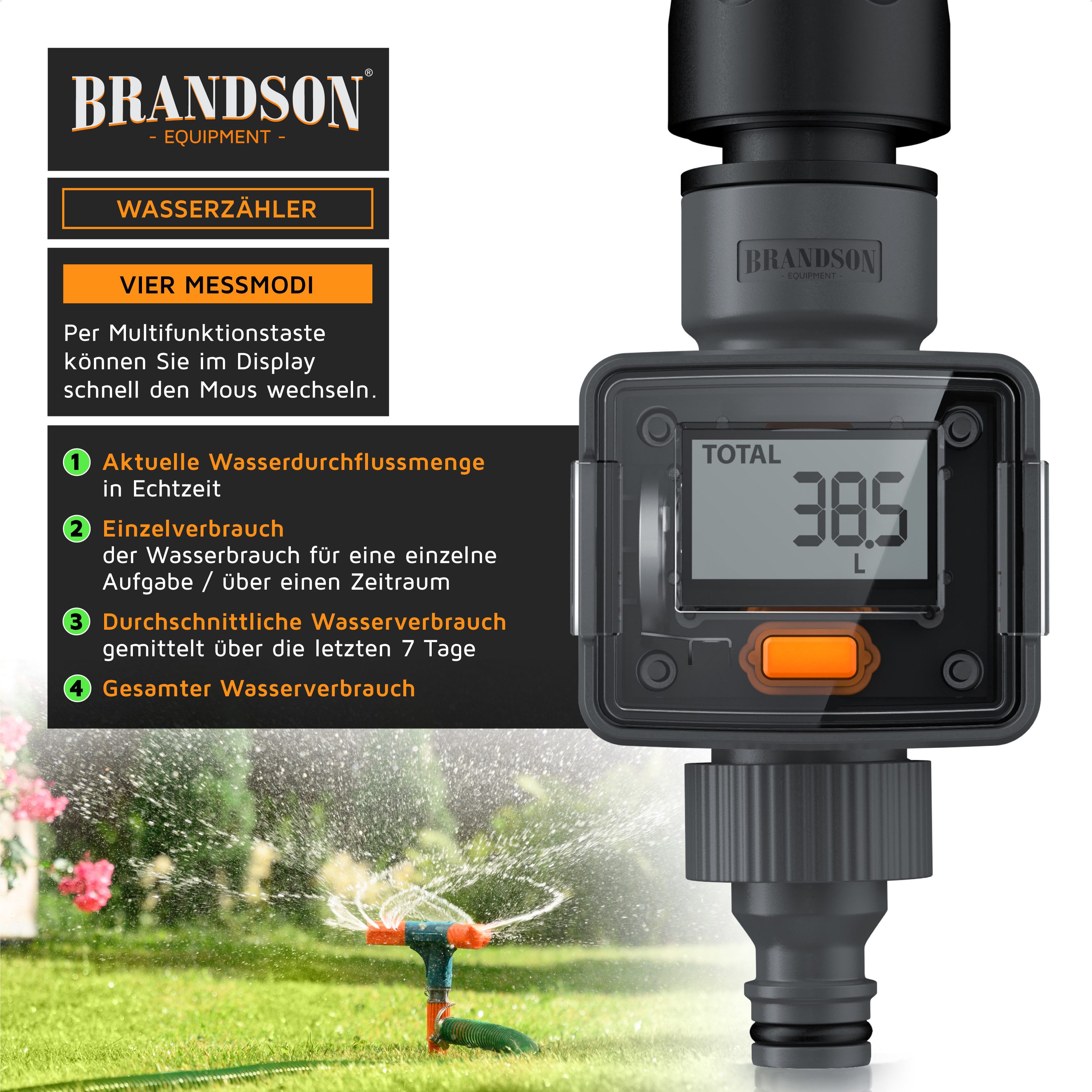 Brandson Wasserzähler Digitale Wasseruhr für den Gartenschlauch, Durchflussmessgerät 3/4", (Set, 5-tlg., bis 2400 l/h, 1 Zoll LCD-Display, Batterie inkl), 4 Modi zur Wasserverbrauchskontrolle, Durchflussmesser, IPX6