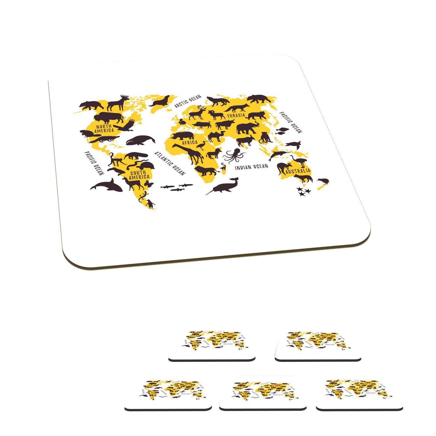 MuchoWow Glasuntersetzer Weltkarte - Tiere - Gelb, Zubehör für Gläser, 6-tlg., Glasuntersetzer, Tischuntersetzer, Korkuntersetzer, Untersetzer, Tasse