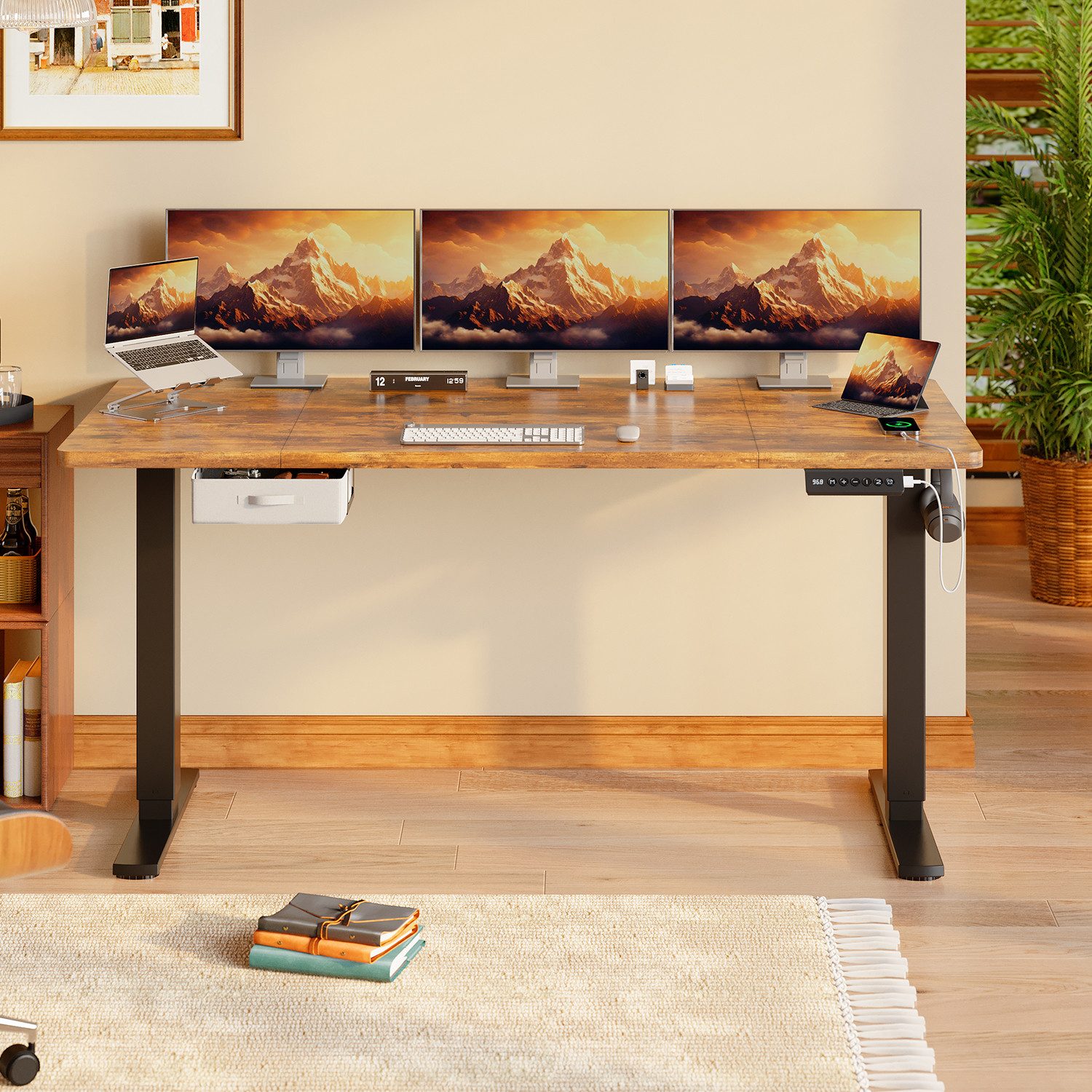 HOMALL Schreibtisch mit Memory-Funktion, höhenverstellbar, breitere Tischplatten (Tischbreite 140/160/180*80 cm, mit Schublade, ausgestattet mit USB-Ladeanschluss, bestehend aus vier Platten)