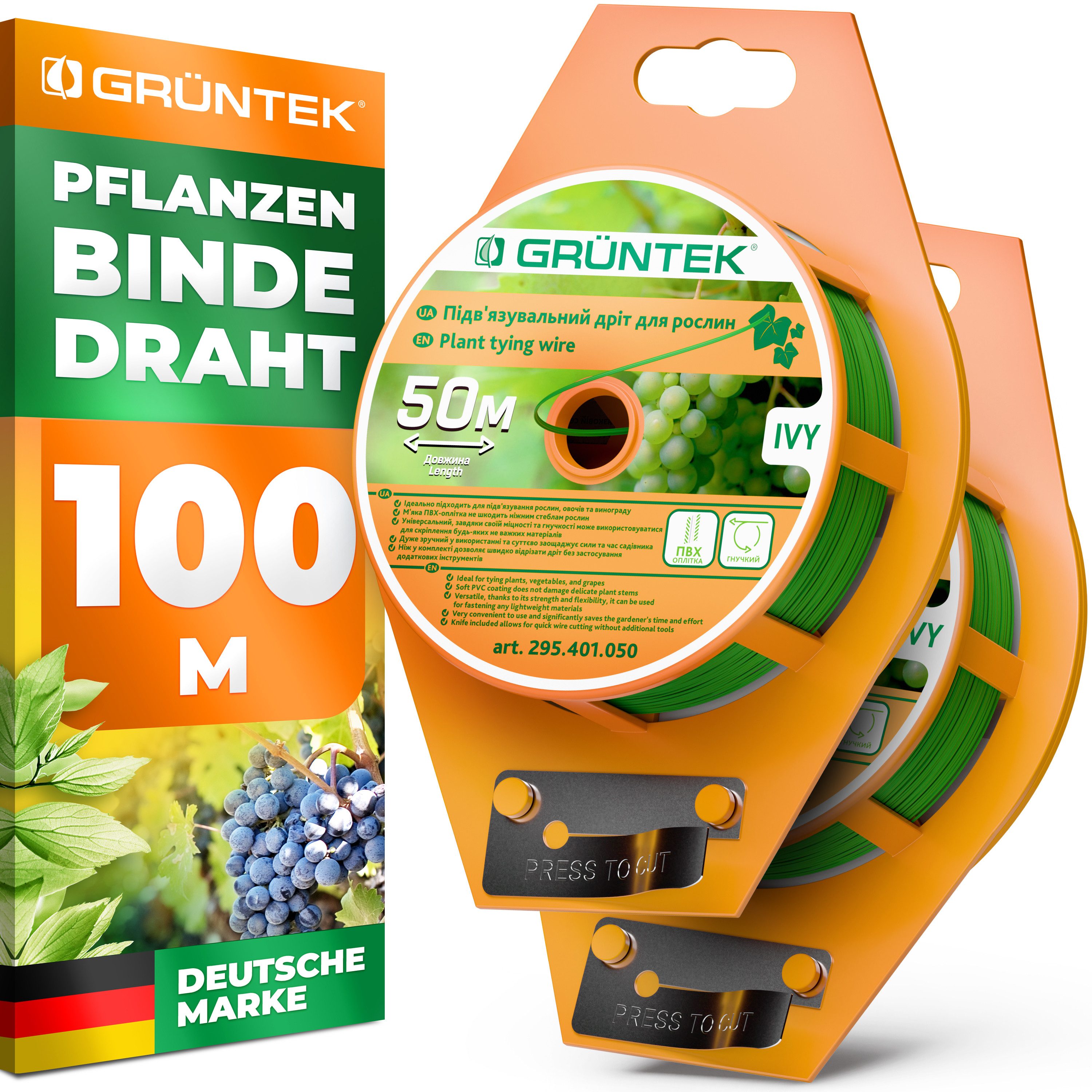 GRÜNTEK Bindedraht Flexibler Gartendraht 100m mit integriertem Cutter, Pflanzenschonender Bindedraht ummantelt, Wetterfest, Farbe Grün