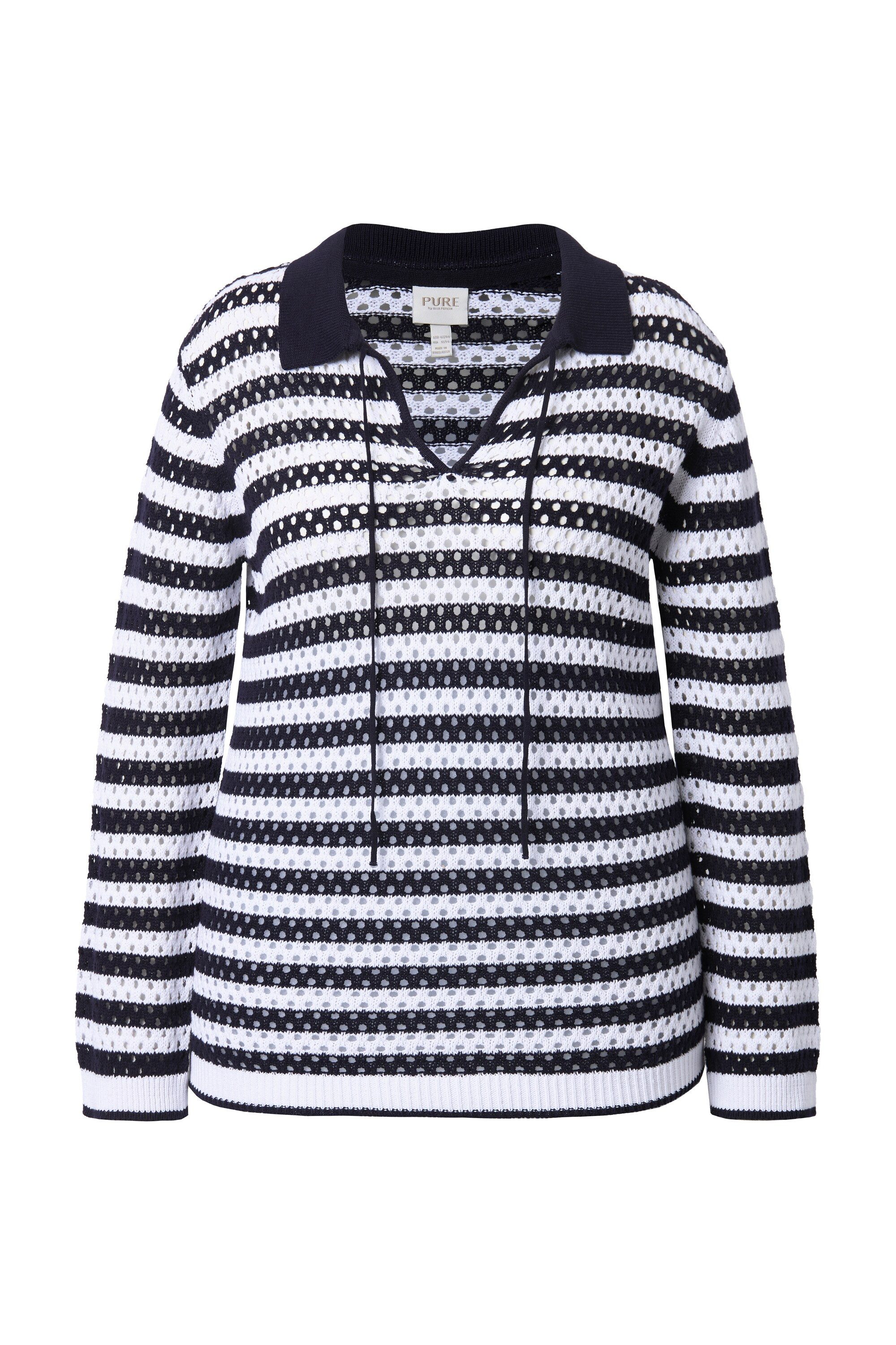 Ulla Popken Troyer Polo-Pullover Lochstrick Ringel Langarm