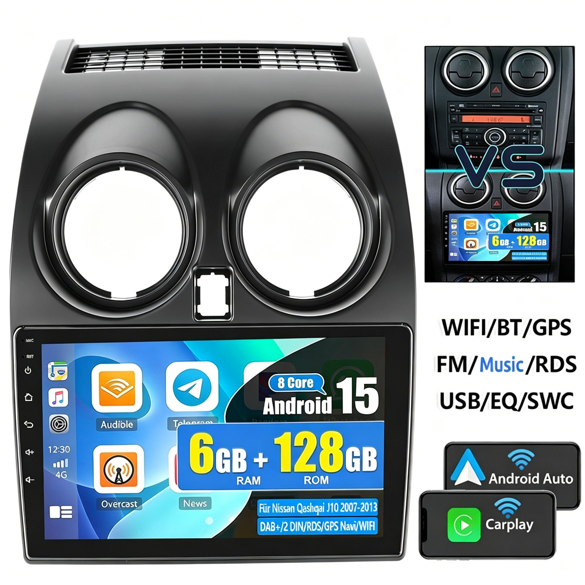 ESSGOO DAB+ Android 15 Für Nissan Qashqai J10 2007-2016 Autoradio 6+128G Autoradio (6GB+128GB, RDS, 4G, FM, AM, DAB+ (optional), Carplay Android Auto Bluetooth EQ USB GPS Navi WIFI Touchscreen)