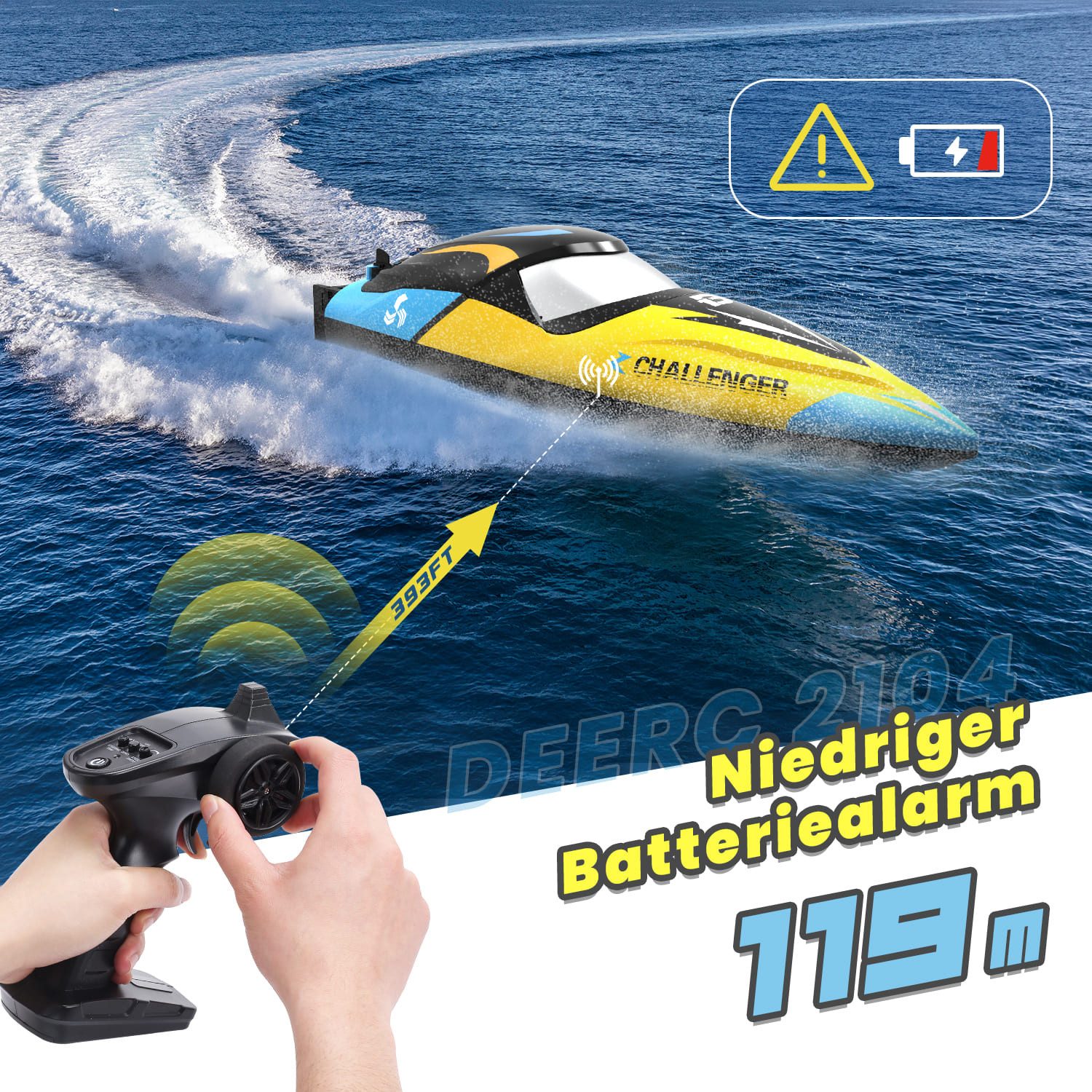DEERC RC-Boot Bürstenloses 48 km/h mit Alarm, LED, 2,4 GHz