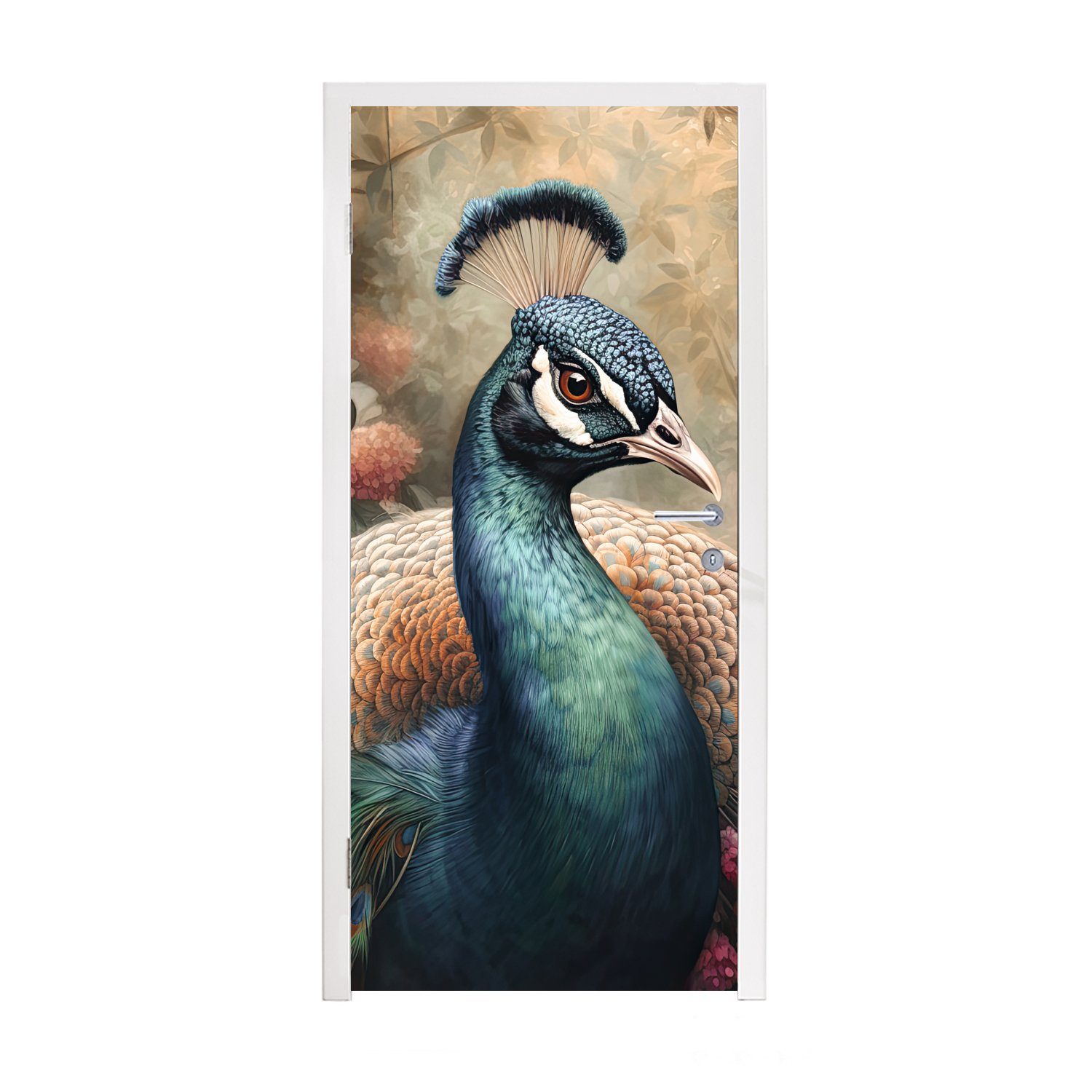 MuchoWow Türtapete Pfau - Vogel - Pflanzen - Pfauenfedern, Matt, bedruckt, (1 St), Fototapete für Tür, Türaufkleber, 75x205 cm