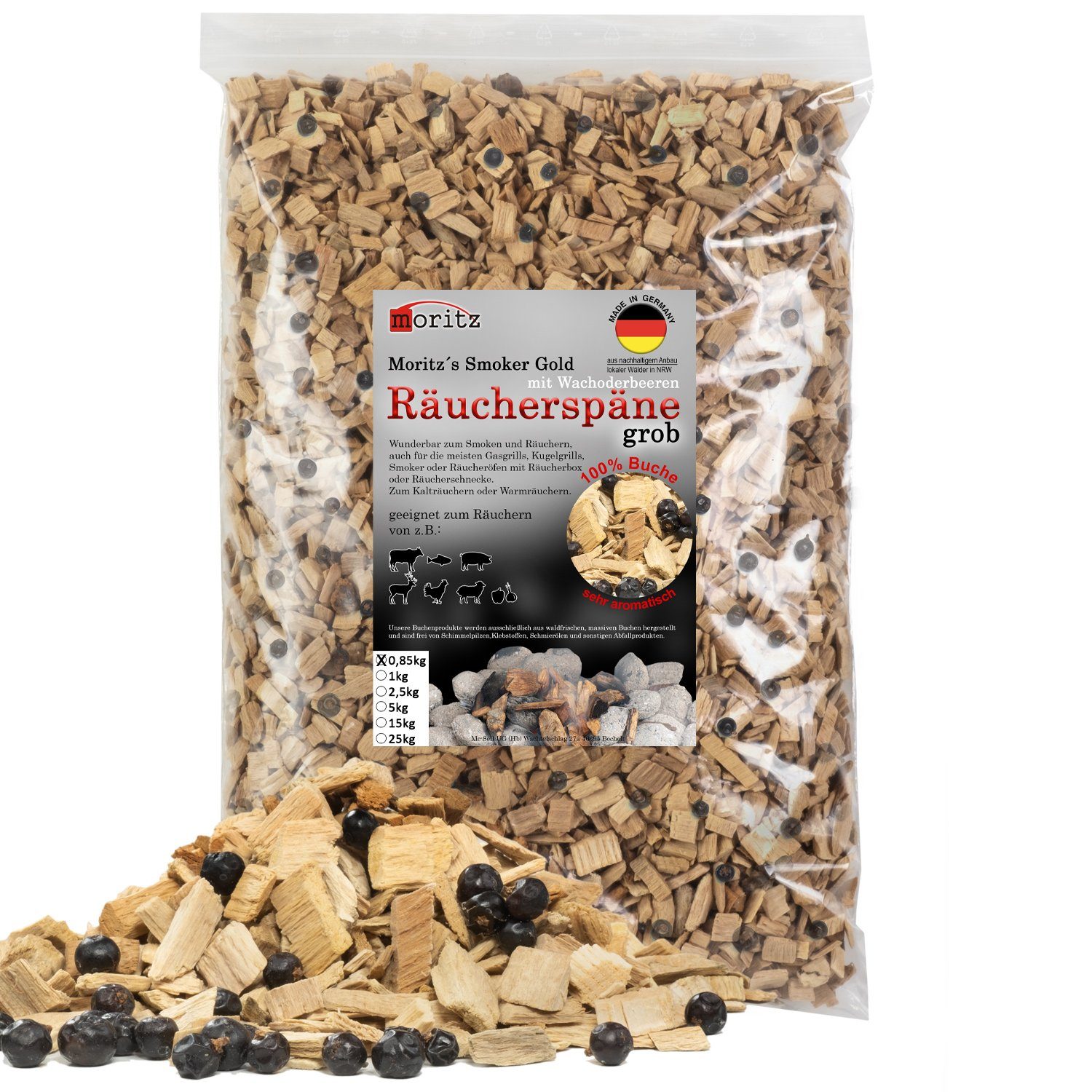 Moritz Räucherbox 0,85kg Räucherspäne Buche mit Wacholder grob 6 -12 mm zum smoken, räuchern/kalträuchern von Fleisch, Fisch, Gemüse geeignet