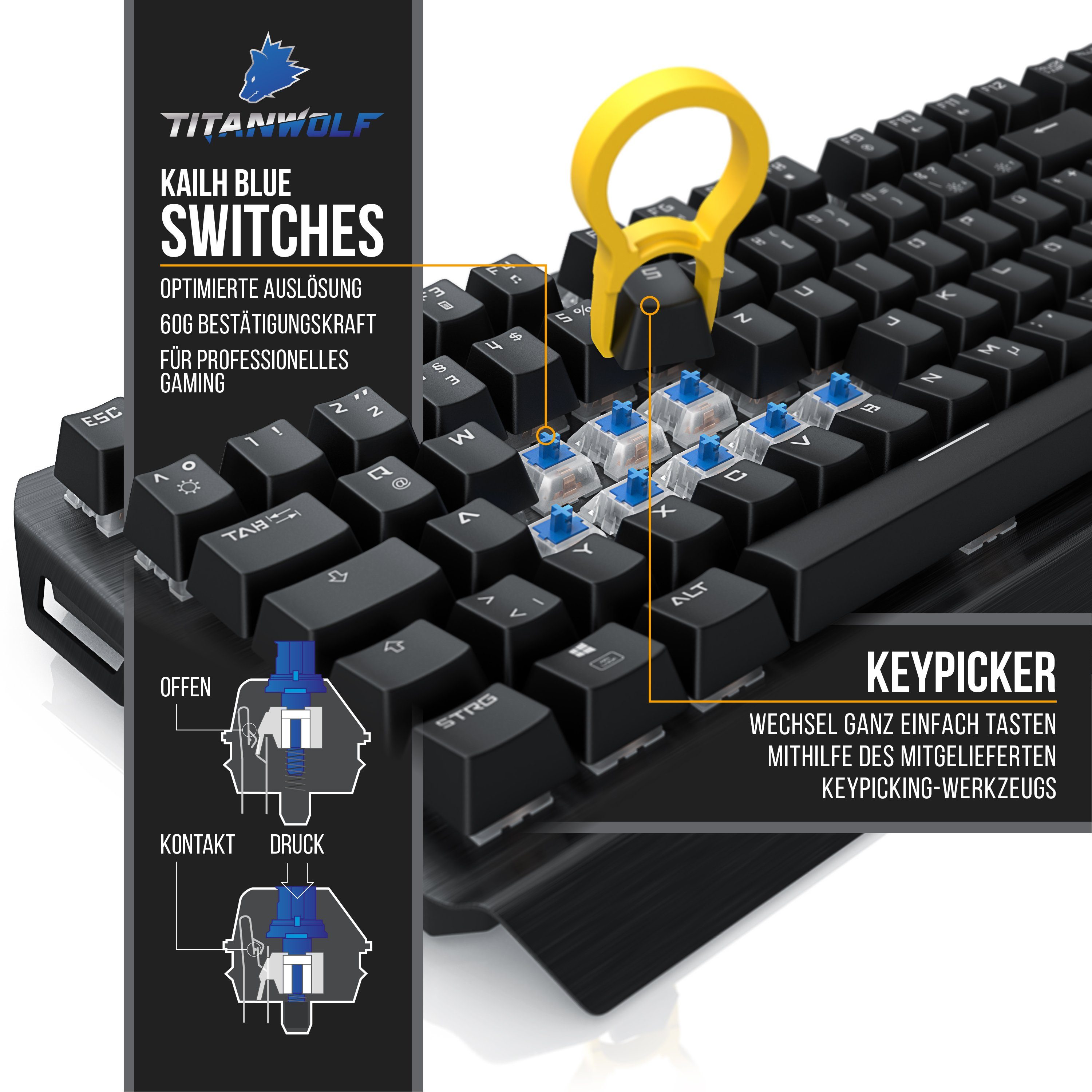 Titanwolf Mechanisches Keyboard, Mouse & Mousepad Gaming Bundle Tastatur-, Maus- und Mauspad-Set, (Spar-Set, 3 St., Keyboard, Maus & XXL Mauspad), Anti-Ghosting, LED 19 Modi, Makro, 10800dpi, XXL Schreibtischunterlage