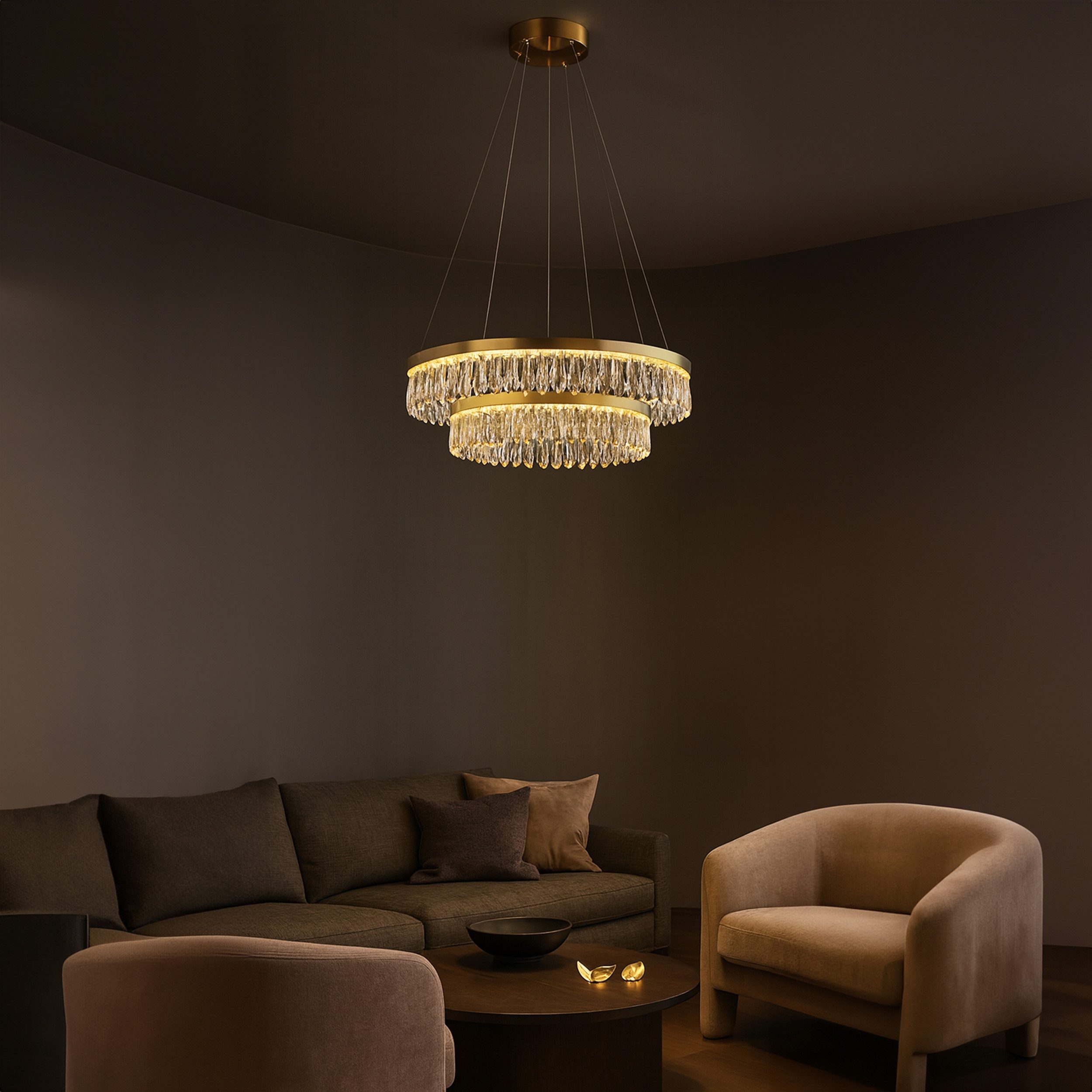 Lightbox Pendelleuchte, LED fest integriert, Warmweiß, LED Hängelampe mit Kristallen - Ø 60 cm - messingfarbend