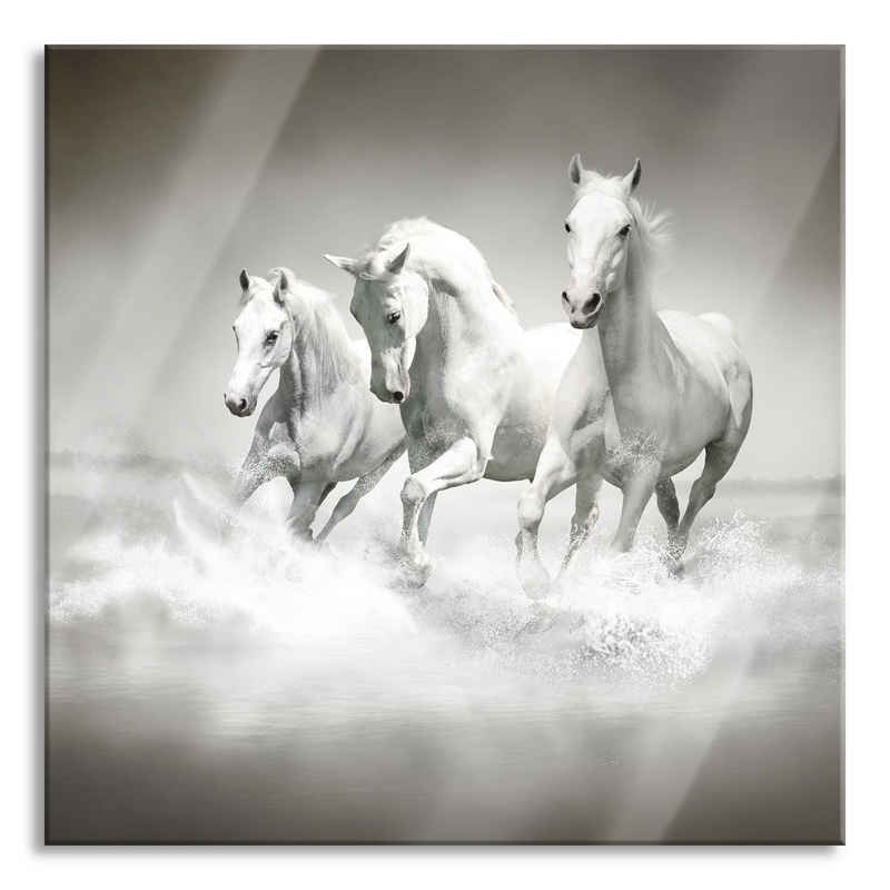 Pixxprint Glasbild Pferde rennen im Wasser, Pferde rennen im Wasser (1 St), Glasbild aus Echtglas, inkl. Aufhängungen und Abstandshalter
