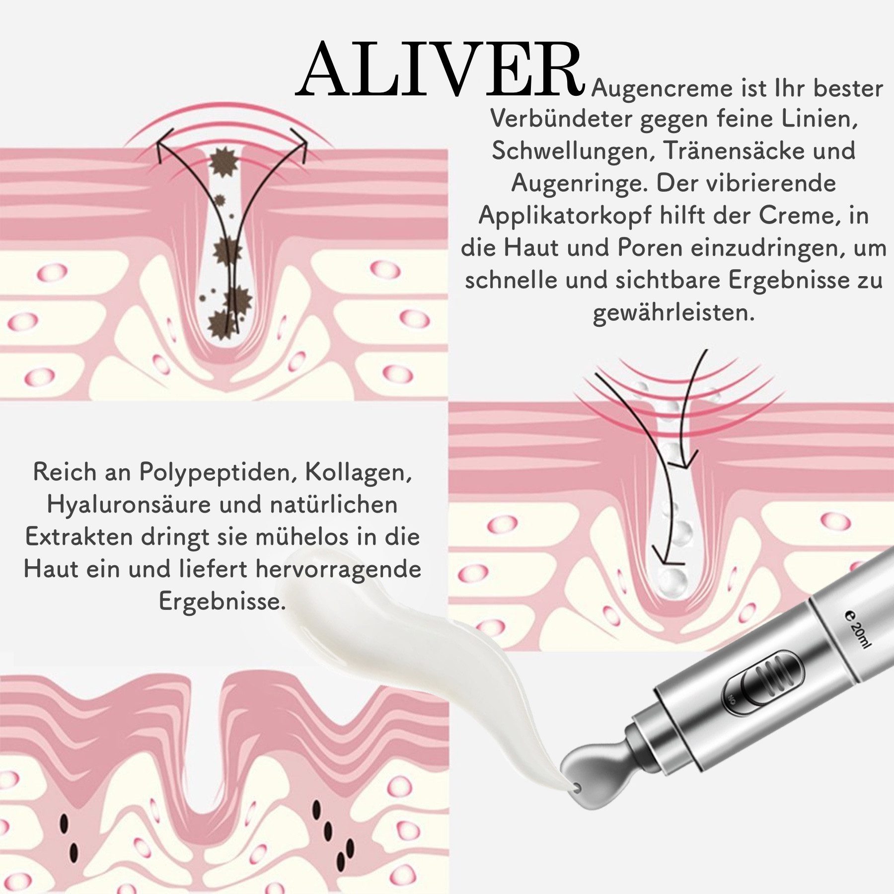 ALIVER Augencreme Antifalten Hyaluronsäure Kollagen mit Vibrationskopf, 1-tlg.