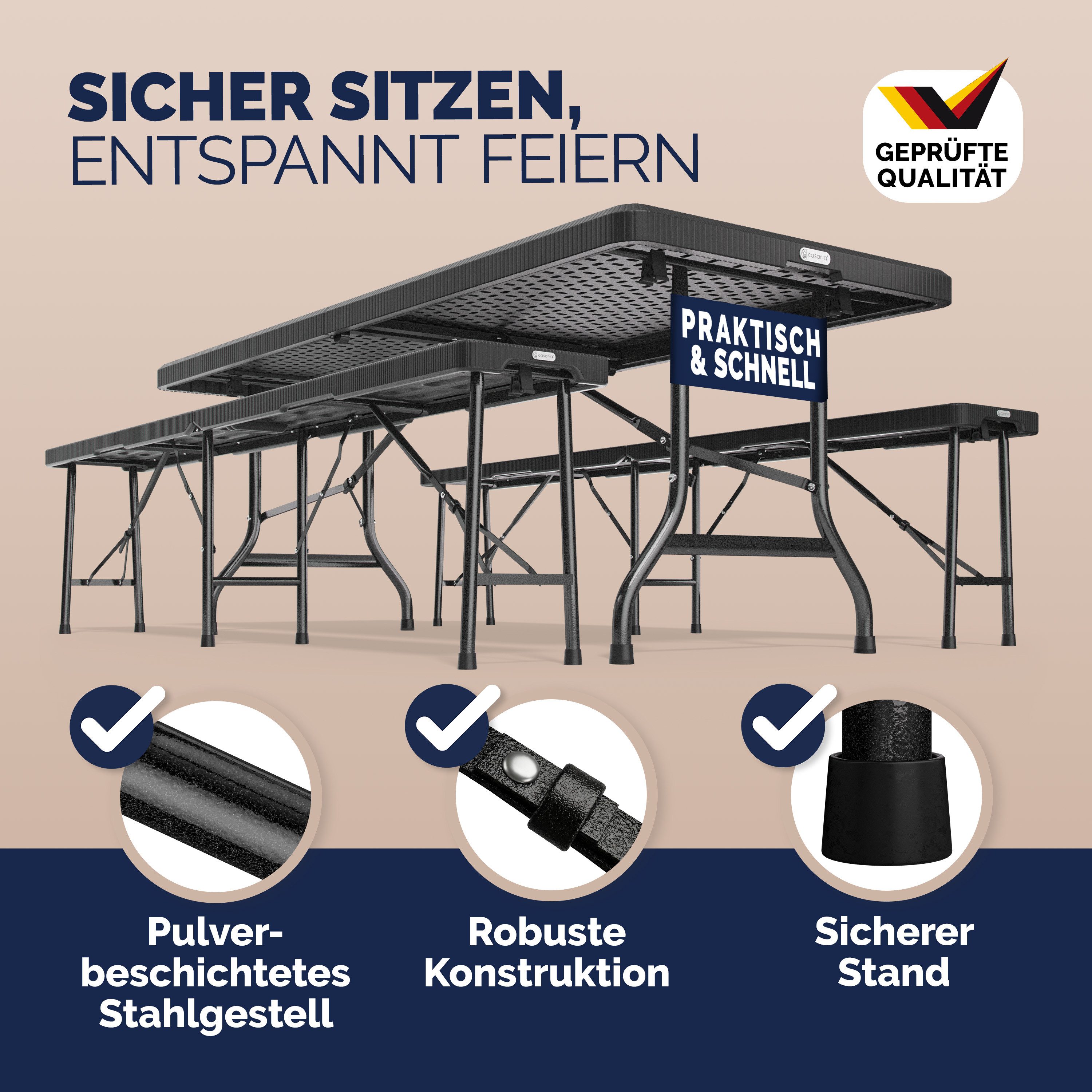 Casaria Bierzeltgarnitur Malmö, (3-tlg), 180 cm Klappbar Rattan Optik Kunststoff 2x Bierbank 1x Breiter Tisch