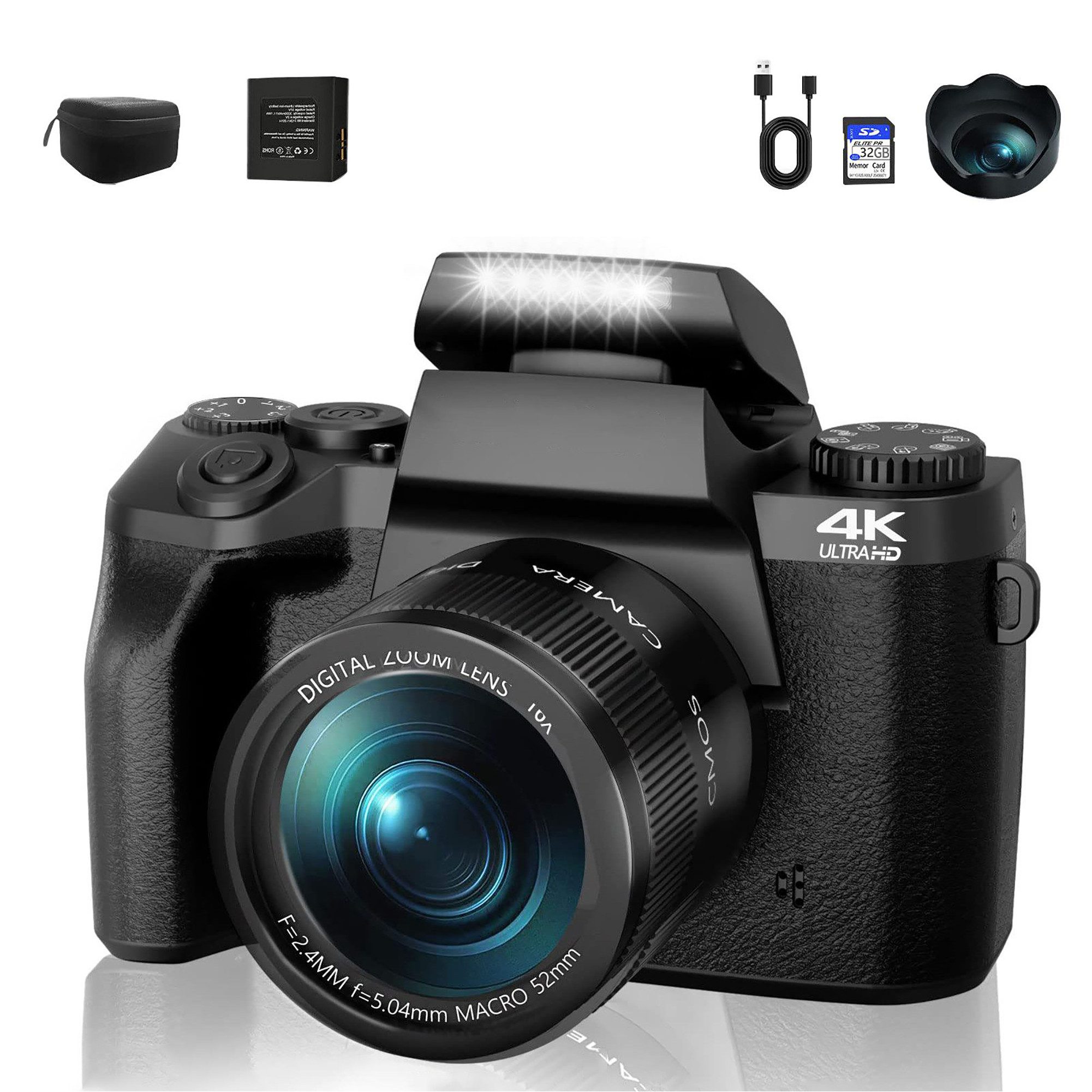 Fine Life Pro Digitalkamera 4K Autofokus 64MP 16X Digitalzoom Kompaktkamera (WLAN (Wi-Fi), inkl. Touchscreen Fotokamera mit Haube, Kompaktkamera mit WiFi Funktion, Vlog Kamera für Senioren Anfänger(Schwarz)