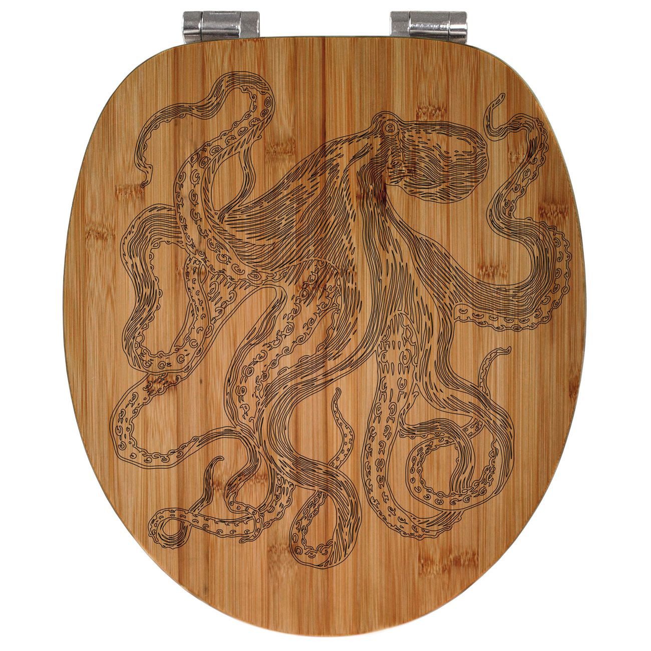 banjado WC-Sitz Bambus mit Gravur Oktopus 5 (umweltfreundliches Material, integrierte Absenkautomatik), 45,8 x 37,5 x 5 cm