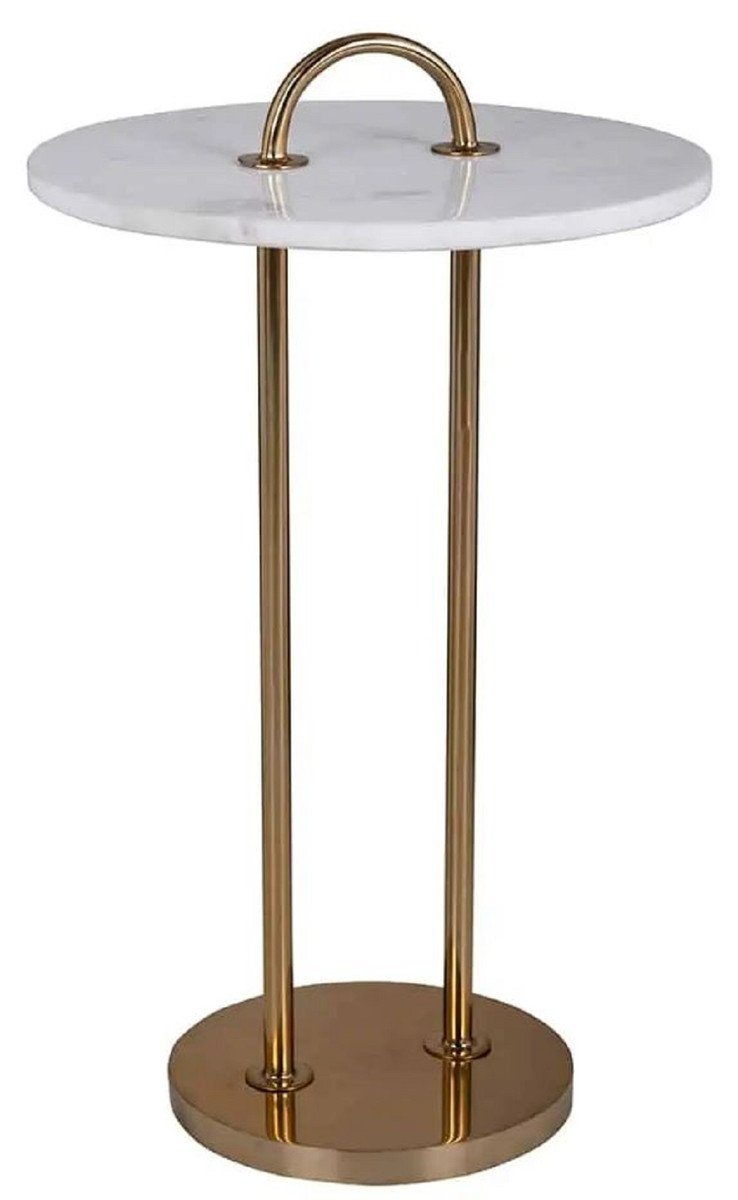 Casa Padrino Beistelltisch Luxus Beistelltisch Weiß / Messingfarben Ø 36 x H. 62 cm - Moderner Edelstahl Tisch mit Naturstein Tischplatte und Tragegriff - Luxus Möbel